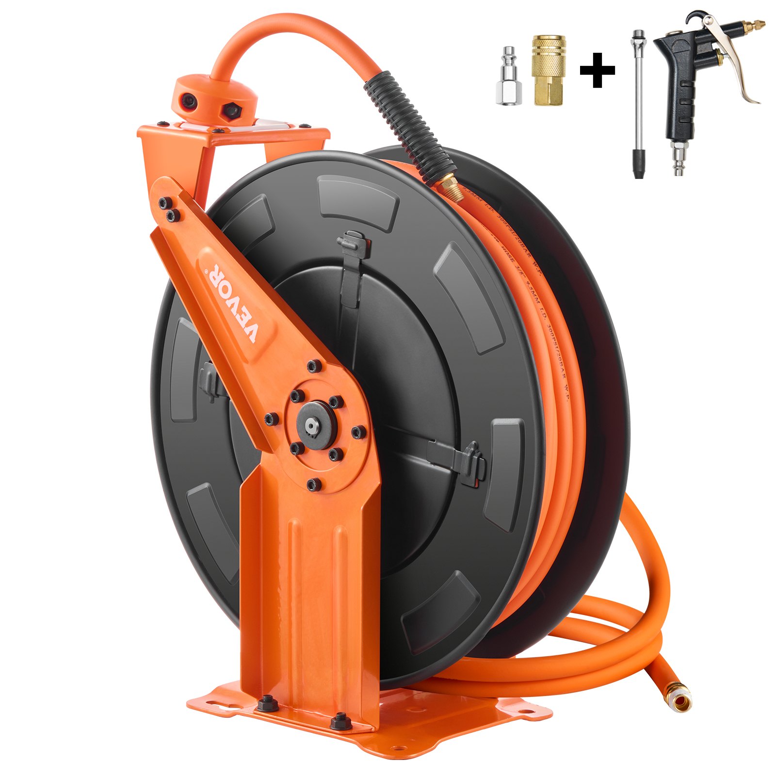 Retractable Air Hose Reel With Double Arms, 3/8 IN X 65FT Hybrid Air Hose Max 300PSI, Air Compressor Hose Reel With 5FT Lead In, Ceiling/Wall Mount Heavy Duty Steel Reel For Workshop Garage