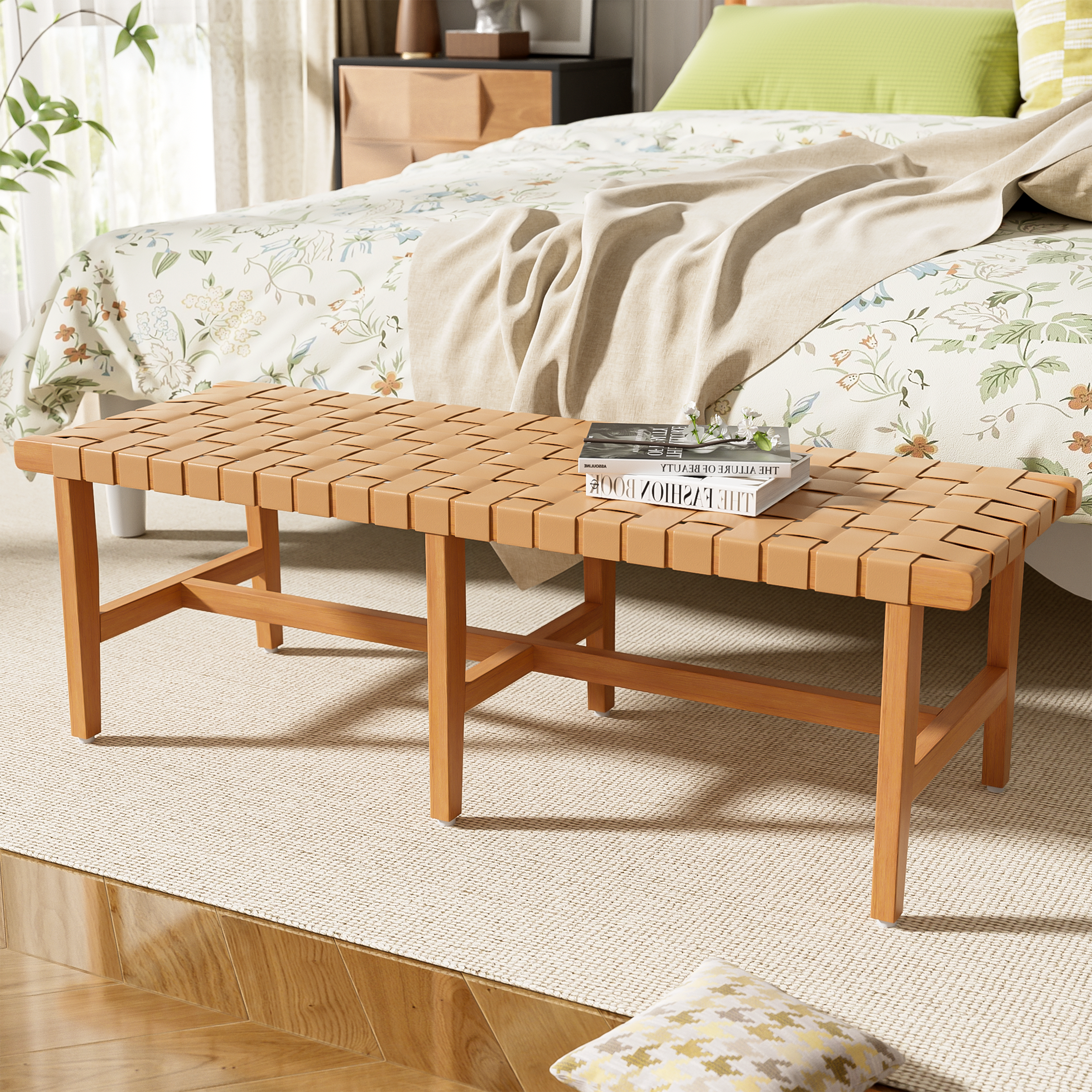 Banco de dormitorio de madera de acacia con asiento de cuero PU tejido