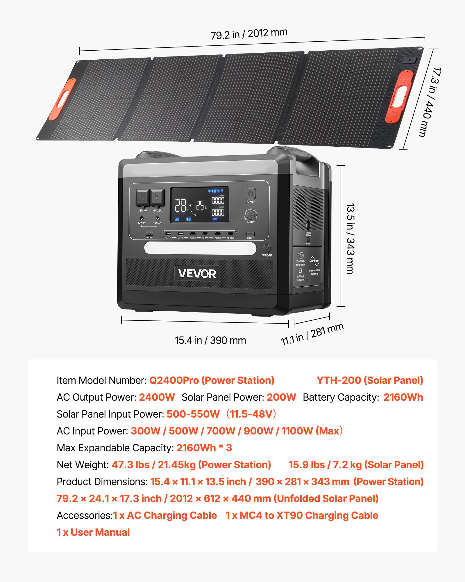 Portable Power Station, 2400W Portable Solar Generator With 200W Foldable Solar Panel, 2160Wh Expandable LiFePO4 Battery Backup With 10 Output Ports & Adjustable Input Power For Home Camping RV