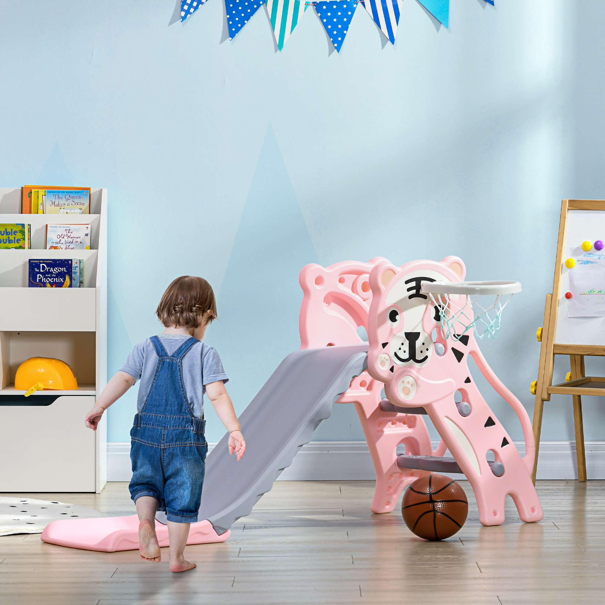 Resbaladilla para niños con aro de baloncesto, uso interior, rosa