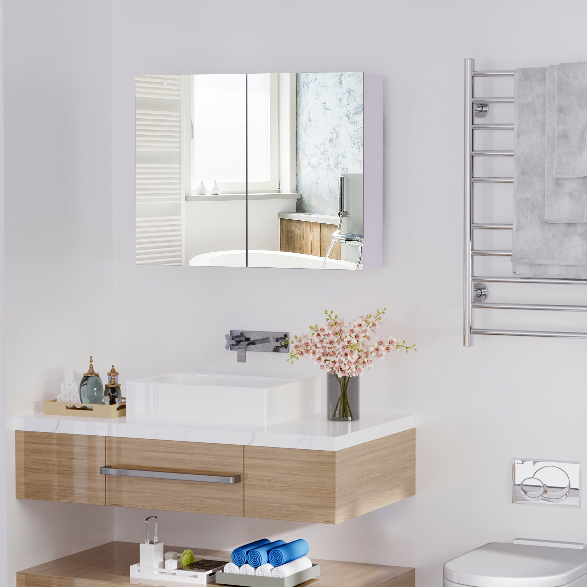 Espejo de baño de pared con doble puerta, 31.5" x 23.5", gabinete de medicinas moderno