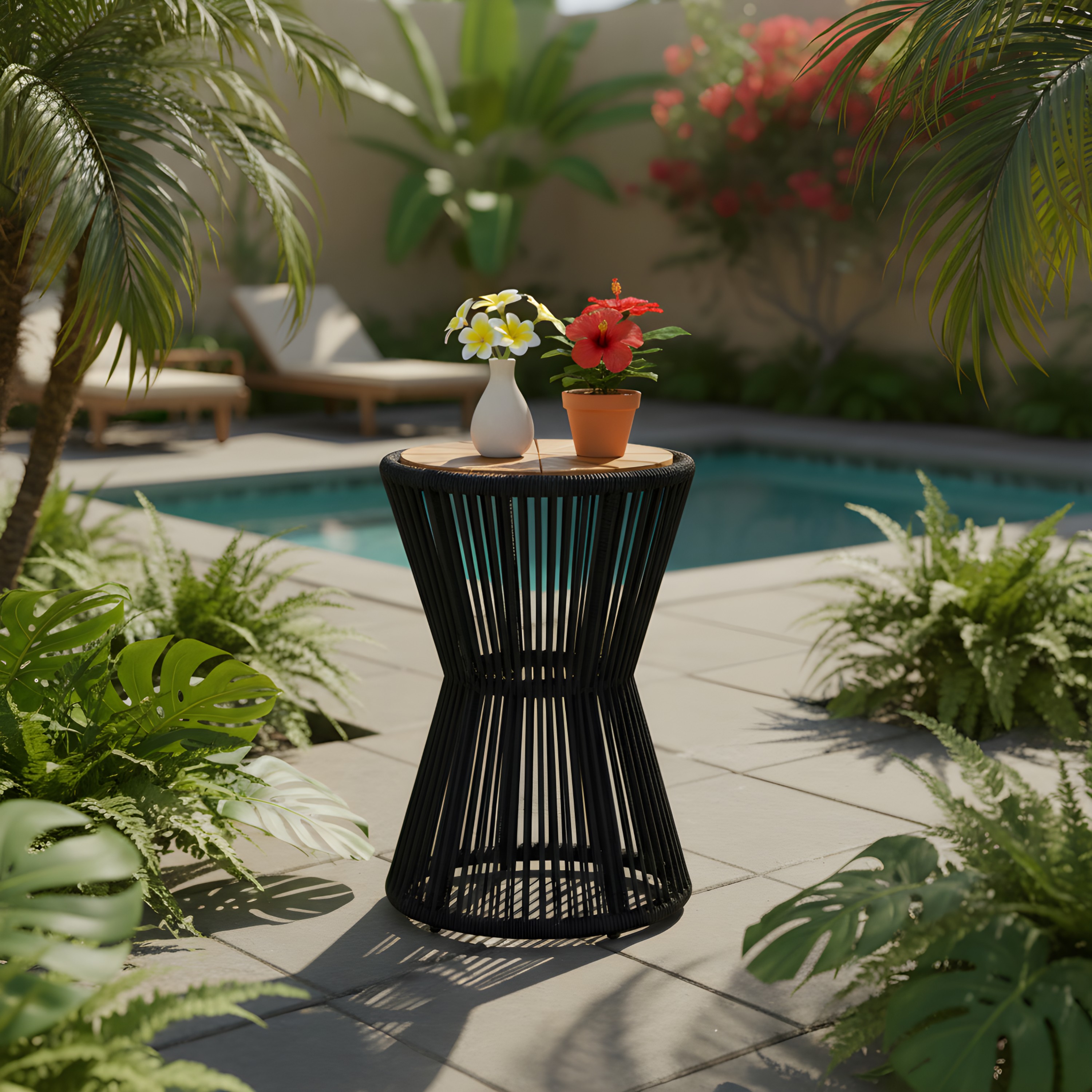 Outdoor Side Table, Black Rope And Acacia Wood, 25.80  Height, 16.14  Diameter, Elegant Long Hourglass Design, Weather Resistant, For Patio, Deck, Garden, Balcony, Modern Minimalist Style