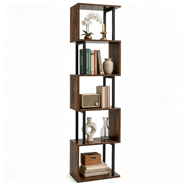 5-Tier S-Shaped Bookshelf, Modern Geometric Freestanding Display Shelf With Heavy-Duty Metal Frame, Anti-Tipping Vertical Storage Bookcase For Living Room Bedroom Office - Rustic Brown