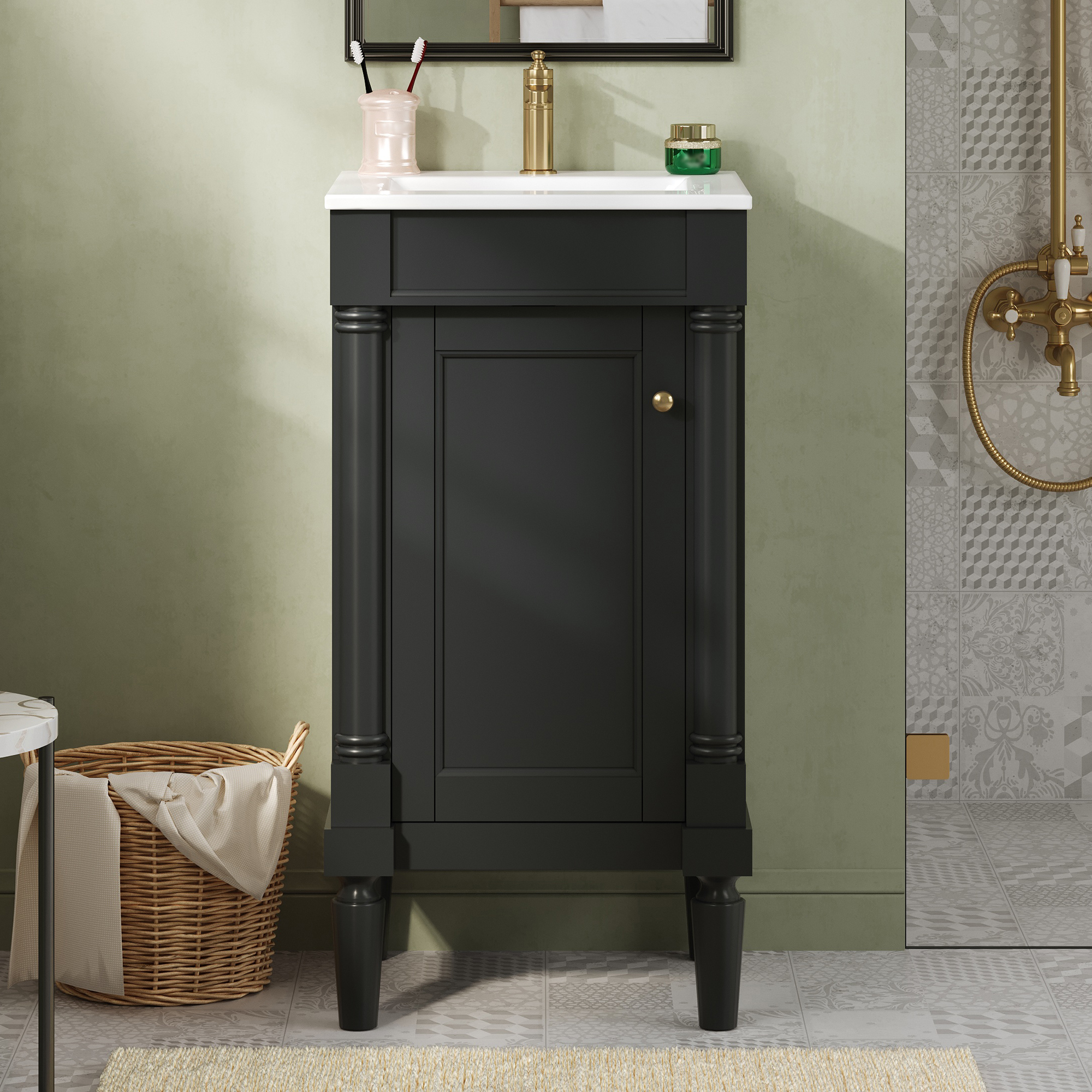 18   French Style Bathroom Cabinet With Storage, Small Space Solution With Ceramic Sink, Adjustable Shelf, Soft-Closing Hinges
