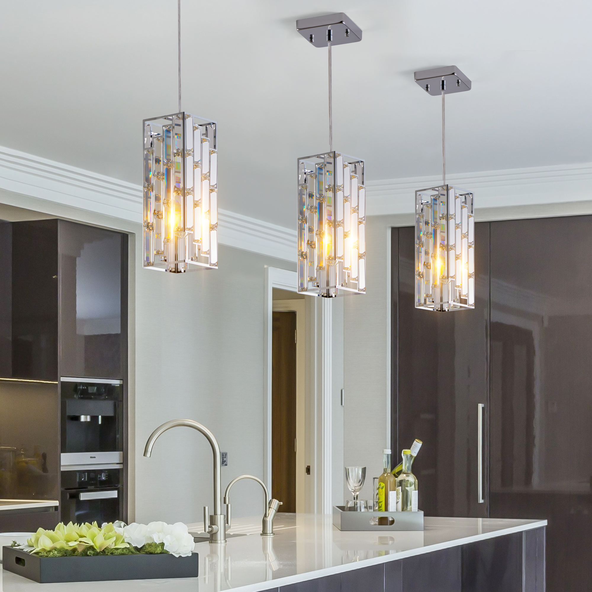 Lámpara colgante moderna de cristal de 4 pulgadas (3 unidades), ajustable, cromo
