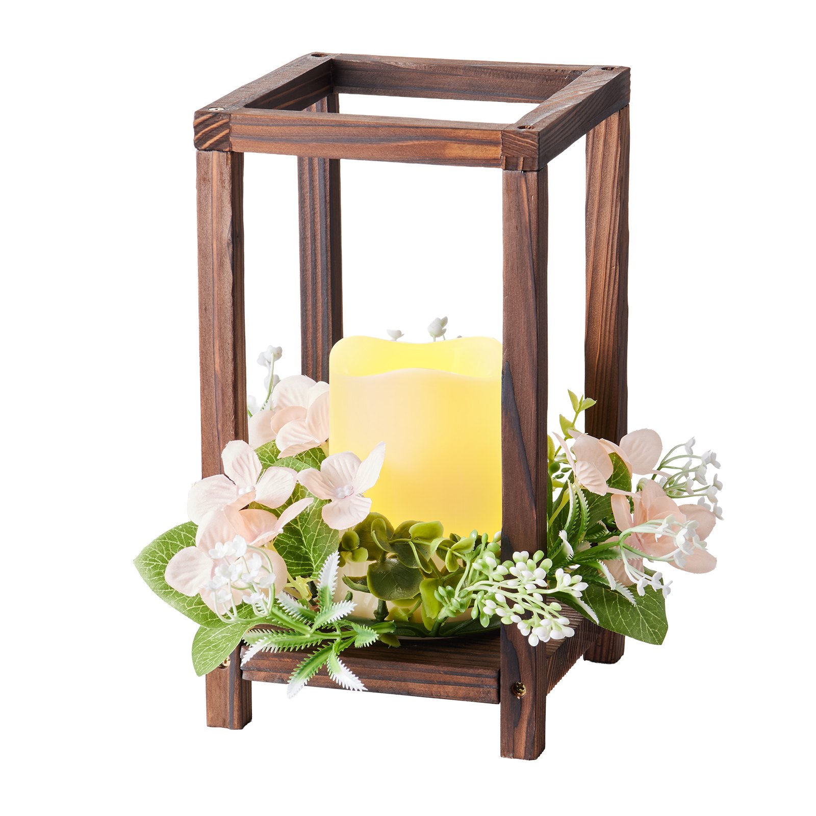 20 Set/60 Pcs Wooden Wedding Lantern Centerpiece, Includes 20 Wooden Lantern Candle Holder 20 Flameless LED Candle 20 Champagne Flower Wreath For Wedding Table Party Farmhouse Decor, Brown