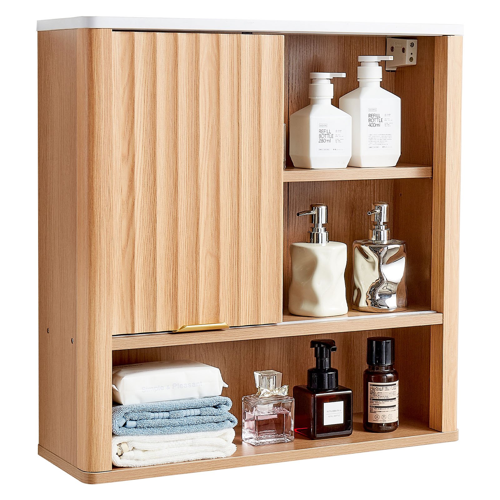 Gabinete de pared para baño con puerta y estante ajustable, montado sobre el inodoro