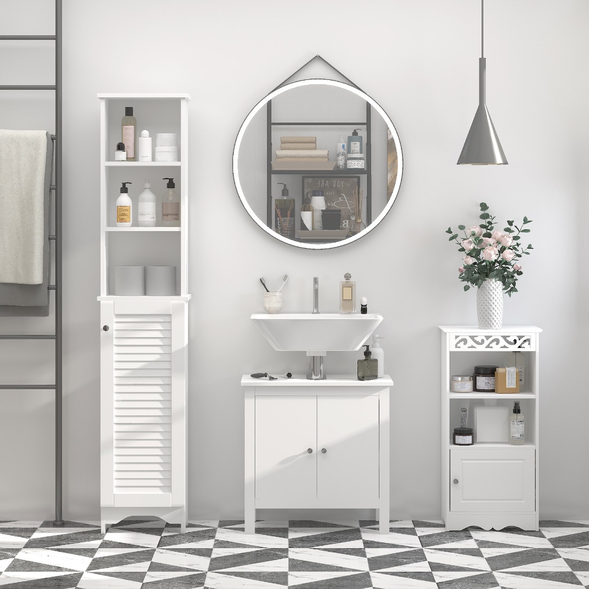 Gabinete de almacenamiento de baño alto con 3 estantes ajustables y armario - Blanco