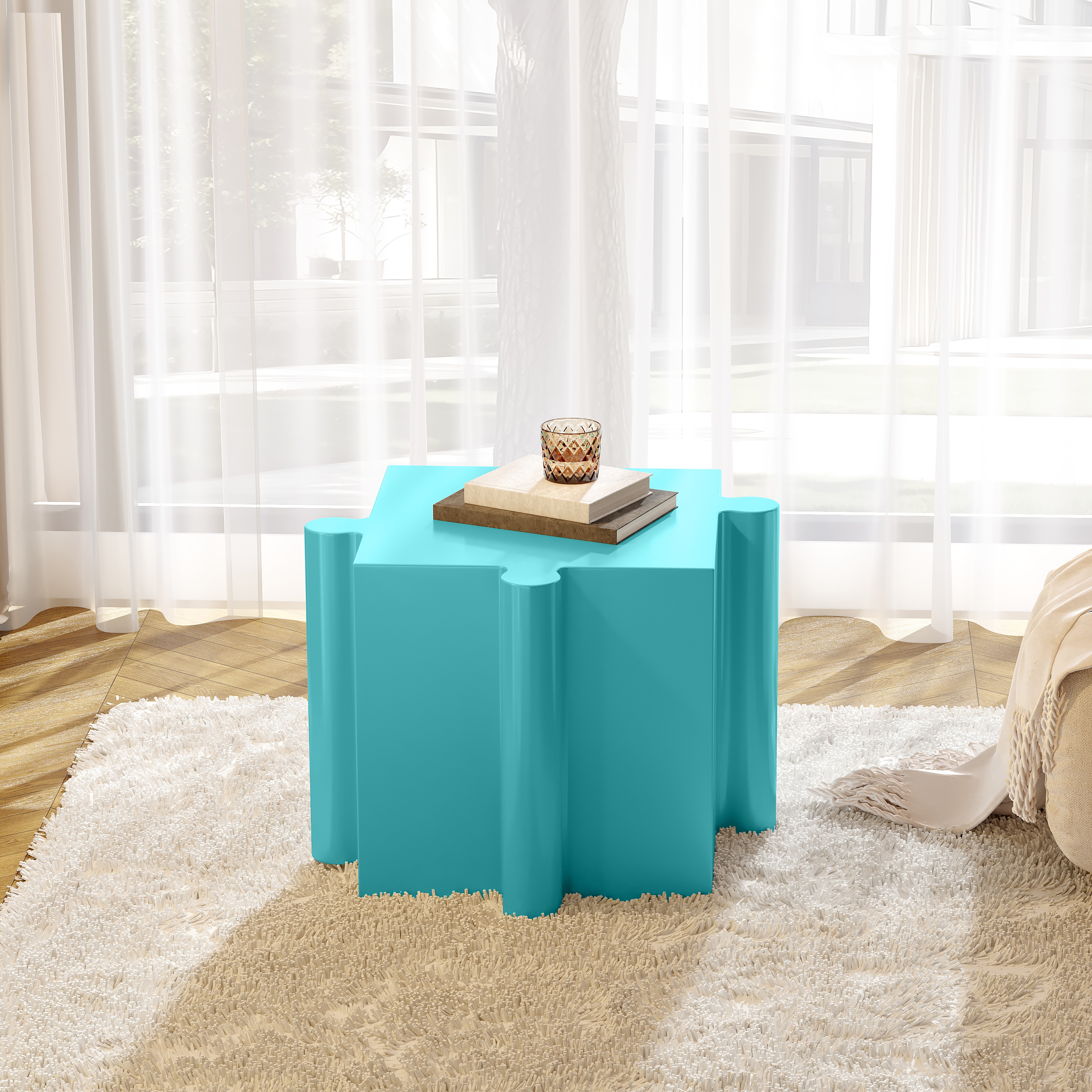 Mesa auxiliar Puzzle Art modular, MGO, interior y exterior, azul claro