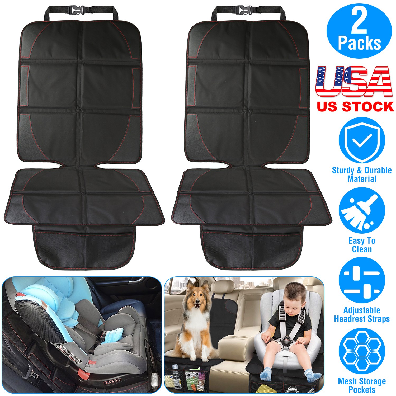 Protector de asiento de coche con acolchado grueso y bolsillos de malla