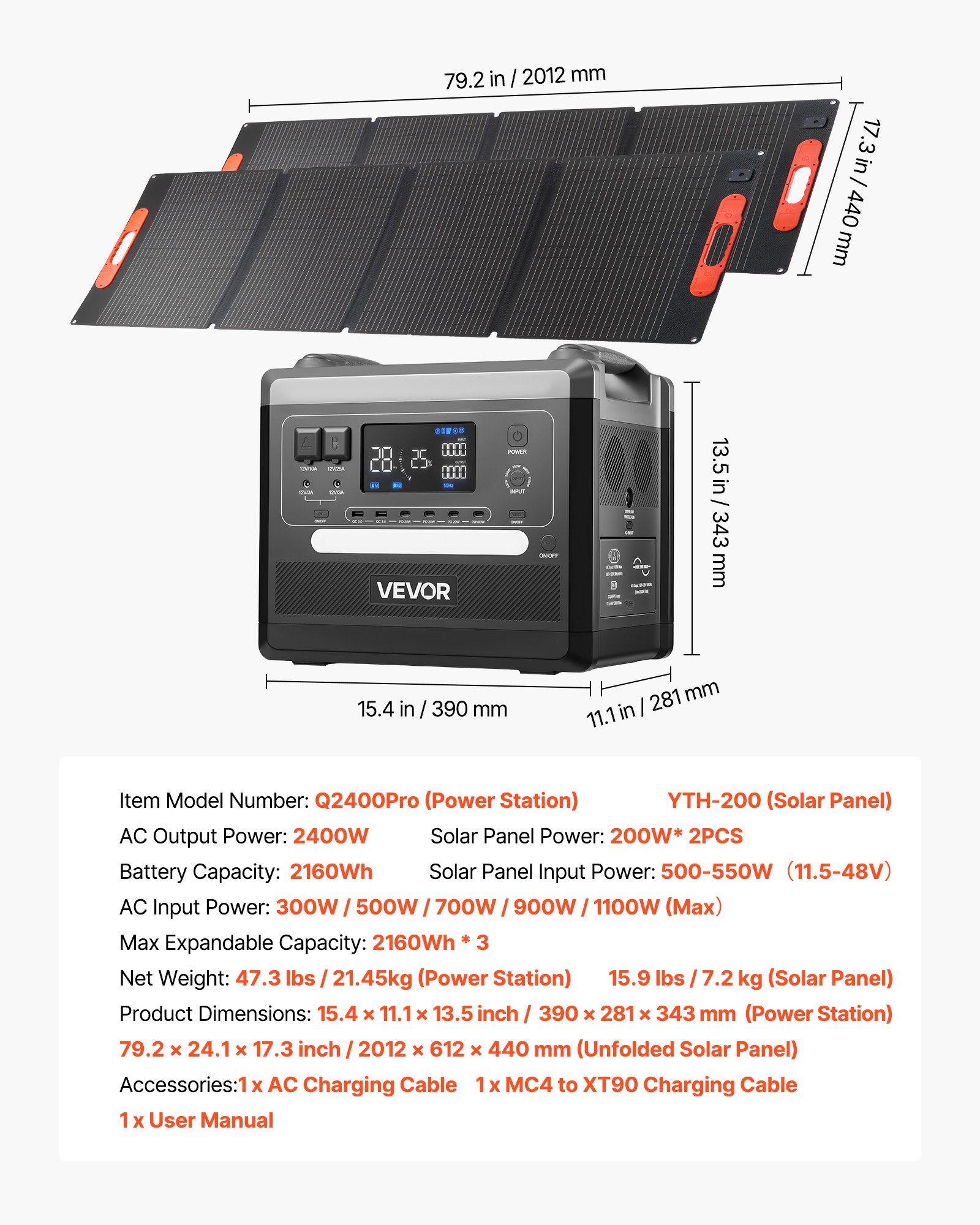Estación de energía portátil 2400W, con 2 paneles solares 200W, batería LiFePO4.