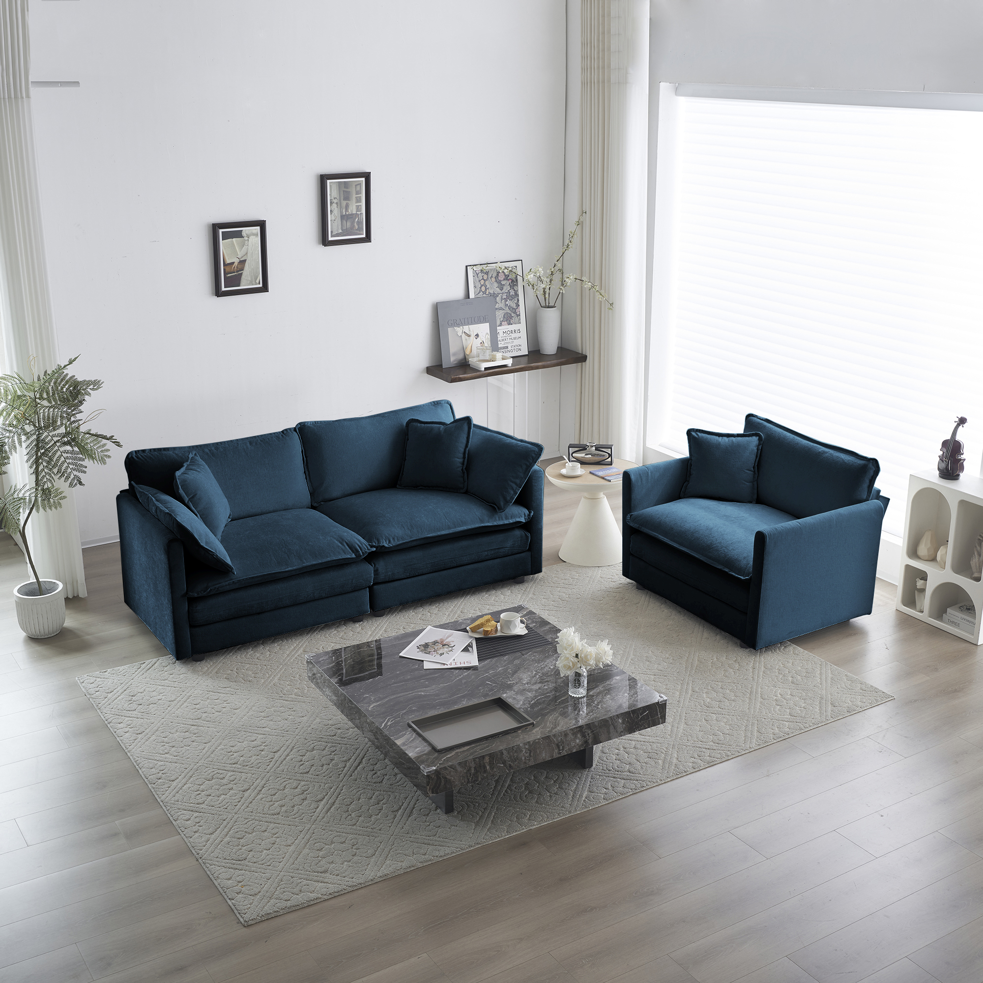 2 Seater Loveseat And Chair Set, 2 Piece Sofa & Chair Set, Loveseat And Accent Chair , 2-Piece Upholstered Chenille Sofa Living Room Couch Furniture1-2 Seat  ,Blue Chenille