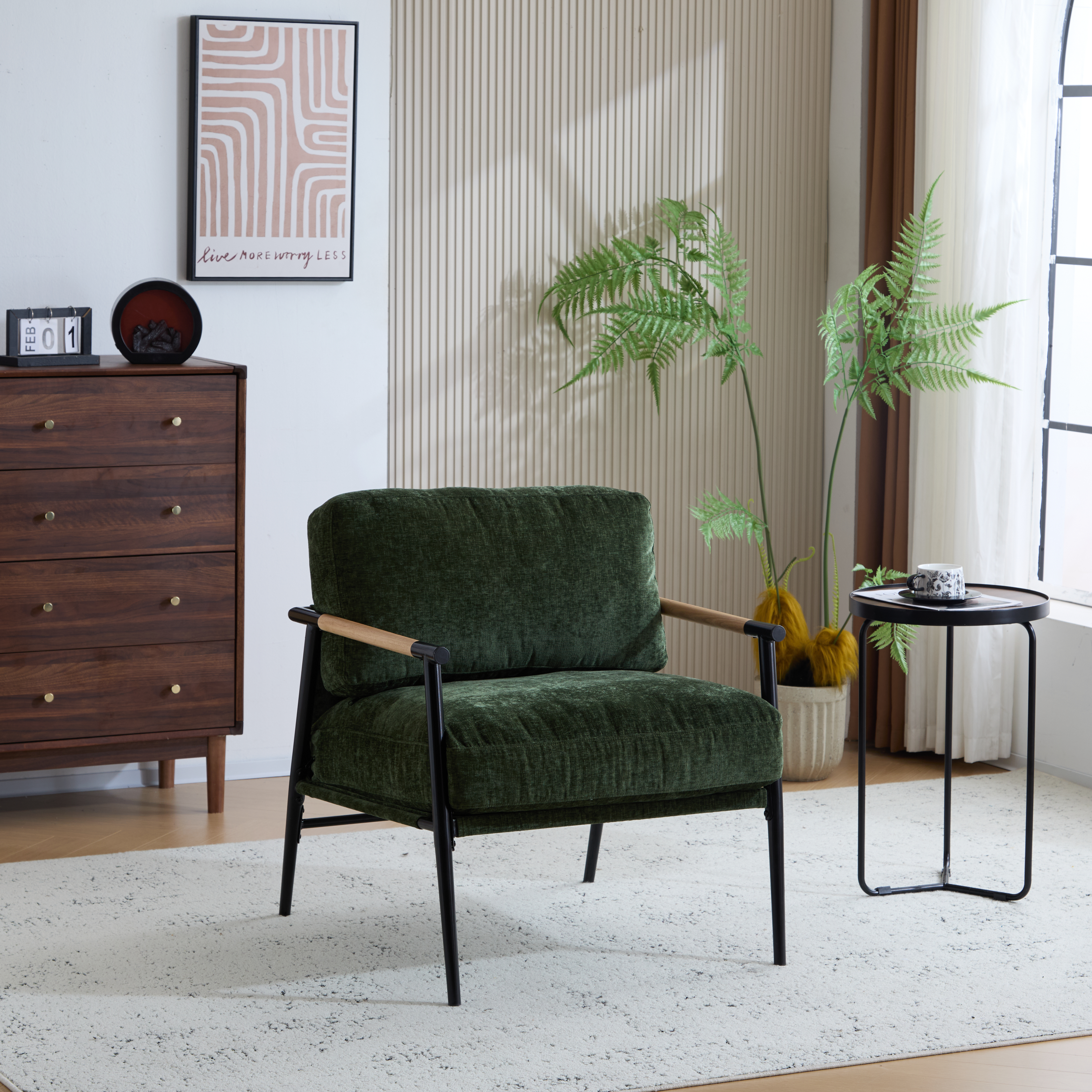 27.56  Modern Accent Chair With Plush Cushions, Minimalist Metal Frame, And Wooden Armrest Design -Perfect For Cozy Living Room, Bedroom, Or Office Seating