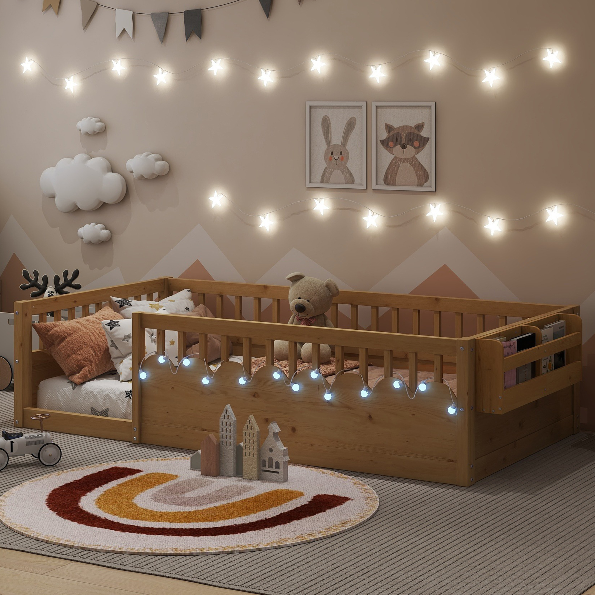 Cama Montessori individual de madera con barandales altos, luz y estante, natural