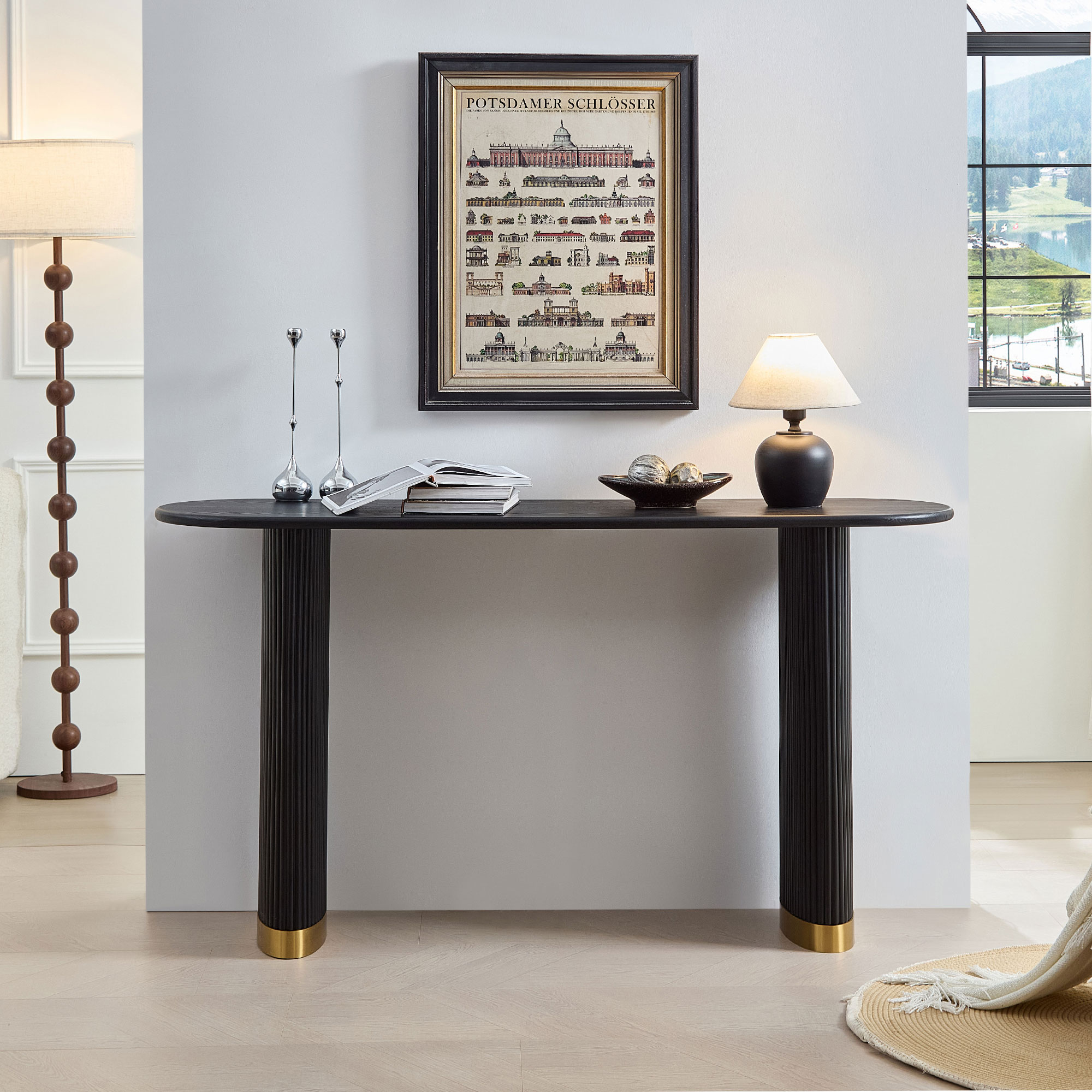 Mesa de entrada/consola estrecha de 59.1 pulgadas con patas de acero inoxidable, diseño moderno, negra.