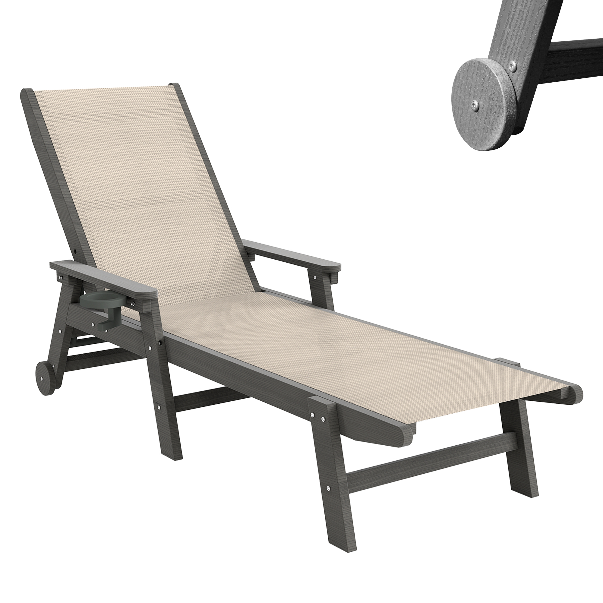 Lounge Chair Outdoor, HDPE Chaise Lounge Outdoor With Wheels, Patio Lounge Chair Adjustable 5-Position Recliner For Patio, Poolside, Yard, Khaki