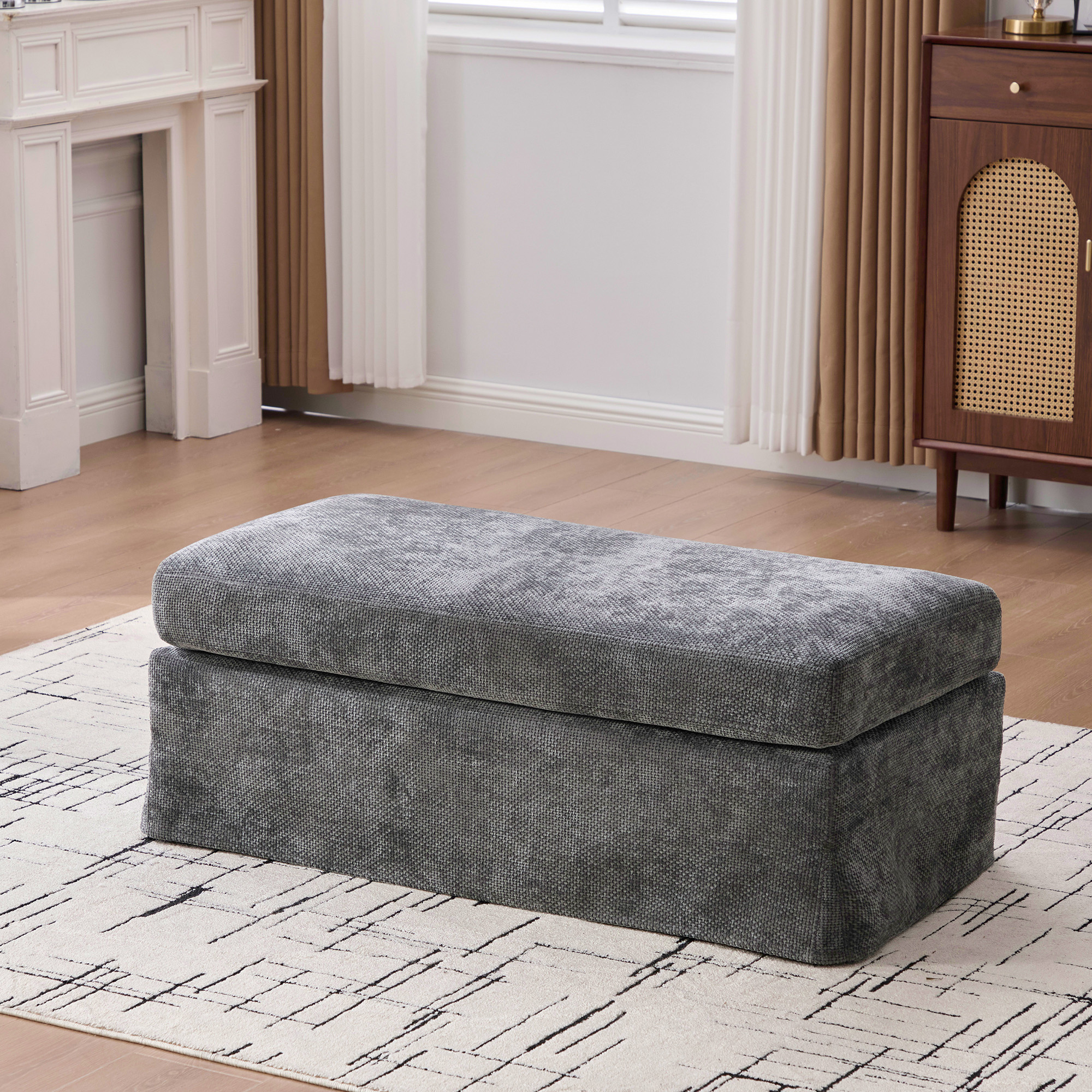 43.7" Wide Modern Upholstered Chenille Ottoman, Foot Stool Square Footrest with Black Metal Legs for Living Room Bedroom Entryway and Office, Charcoal