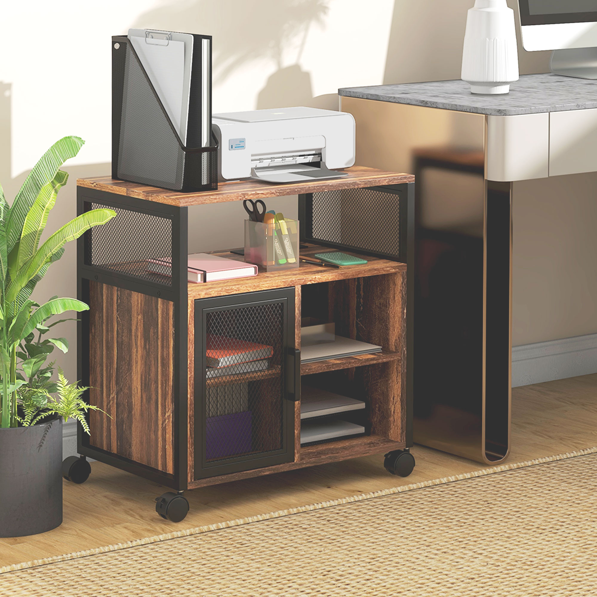 Mesa para impresora móvil con toma de corriente, puertos USB, almacenamiento y ruedas