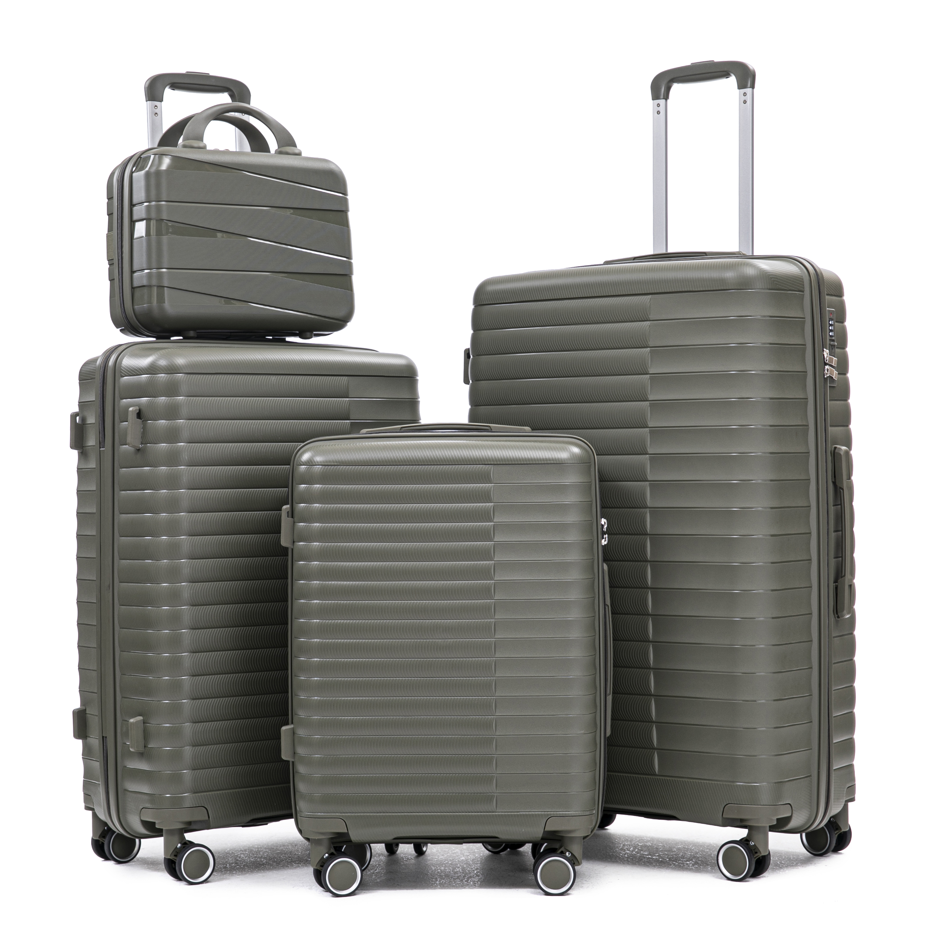 14  20  24  28   4 Pcs  Set In PP Spinner Wheel Luggage, Carry On Suitcase, Iron Pull Rod, Combination Password Lock, 14 Cosmetic Case  Green