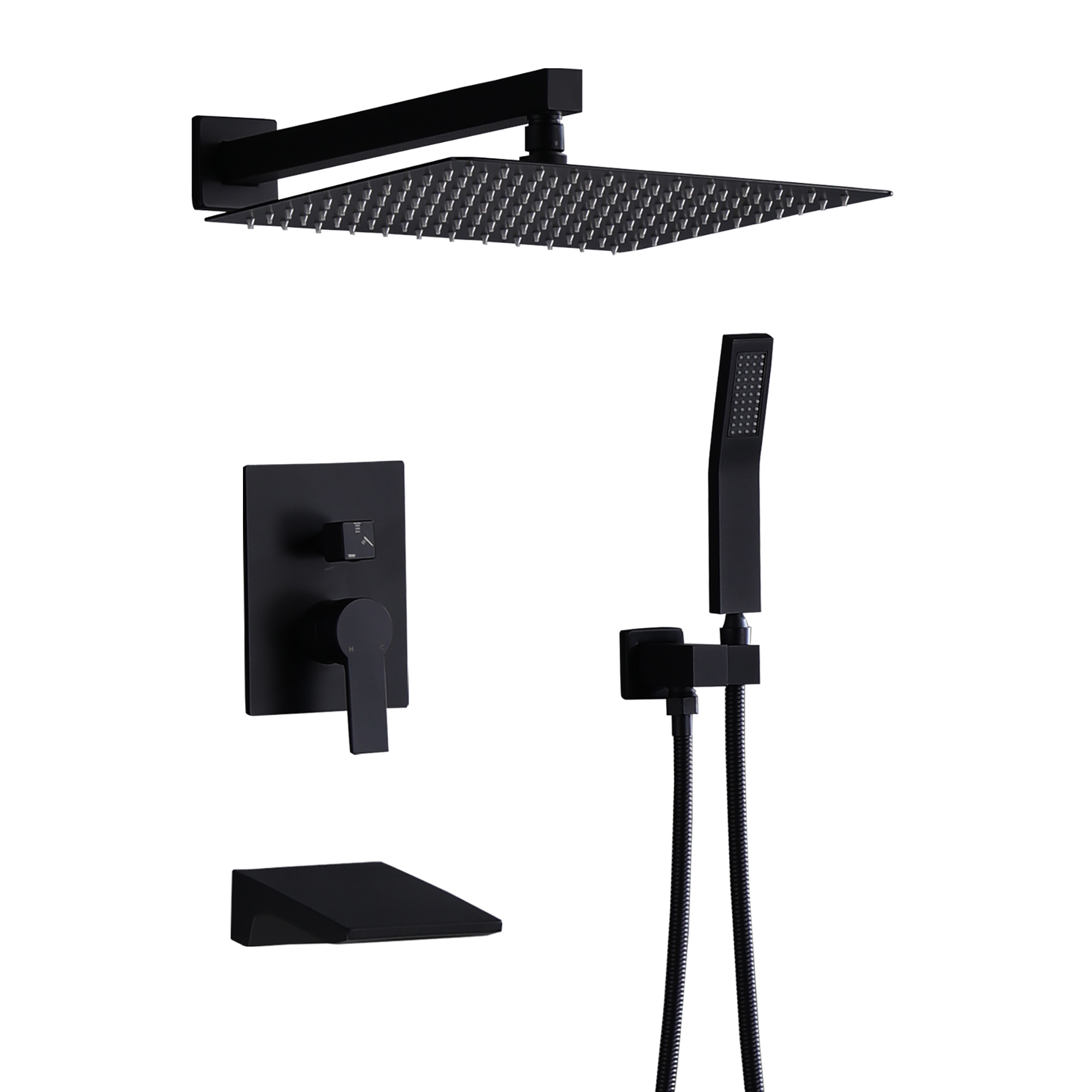 Black Shower System With Tub Spout, All Metal Tub Shower Faucet Set With 12  Rain Shower Head And Handheld Spray Combo, Wall Mounted Tub Shower Systems With Valve And Trim Kit, Matte Black