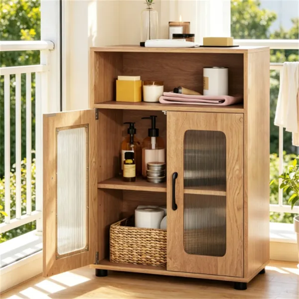 Natural Modern Engineered Wood Bathroom Cabinet With Open Compartment, Anti-Toppling Tall Storage Cabinet With Magnetic Door Catch For Living Room Entryway