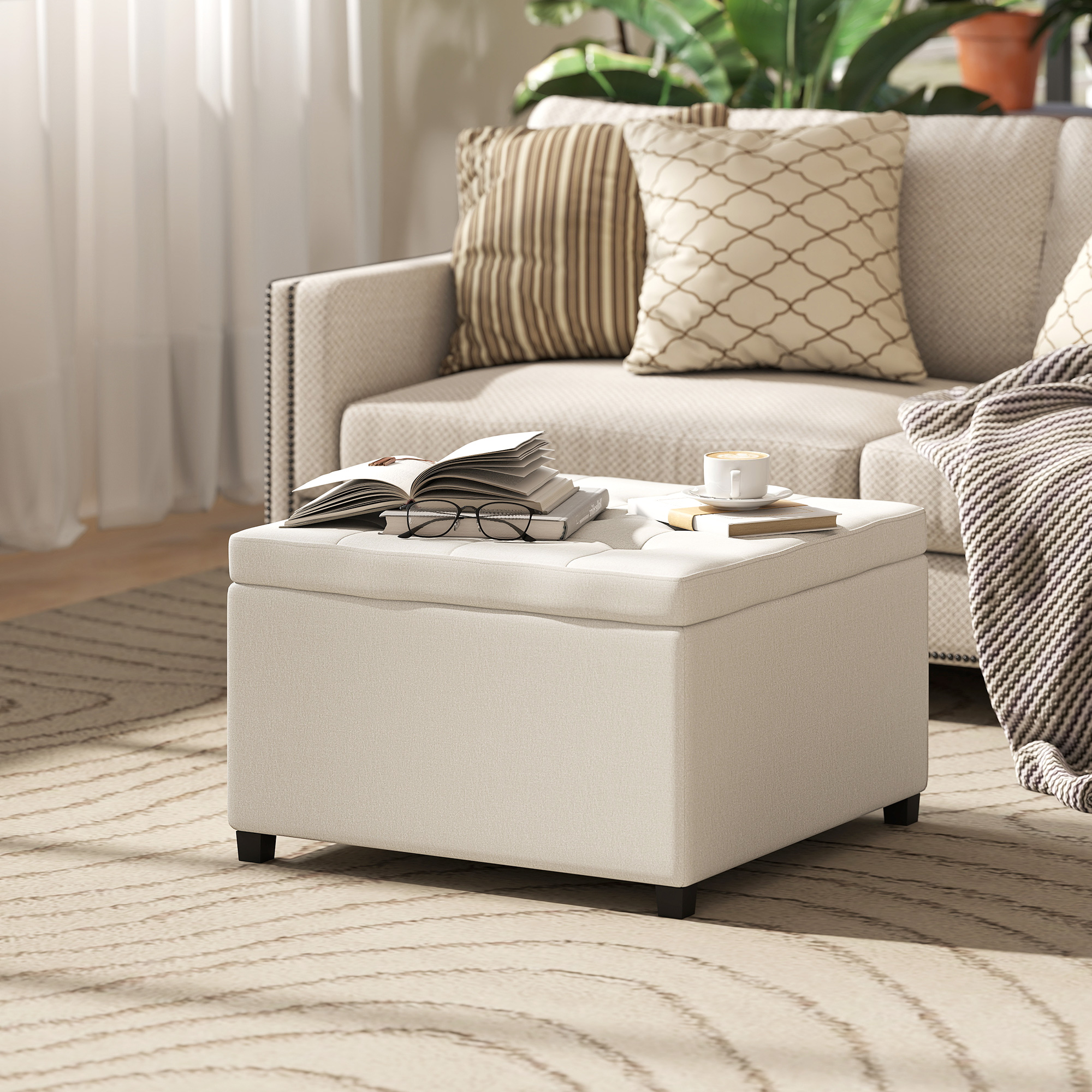 Round Storage Ottoman Bench, Button Tufted Ottoman with Flip Top for Living Room, Entryway and Bedroom, Beige
