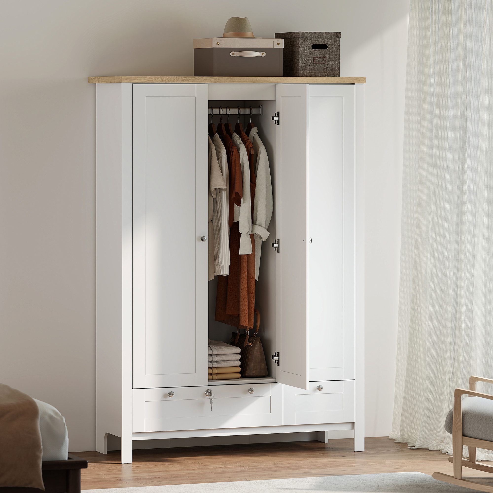 3 Doors Wardrobe Closet with 2 Drawers, Bedroom Armoire with Lockable Drawer, Hanging Rod and Storage Shelves, White