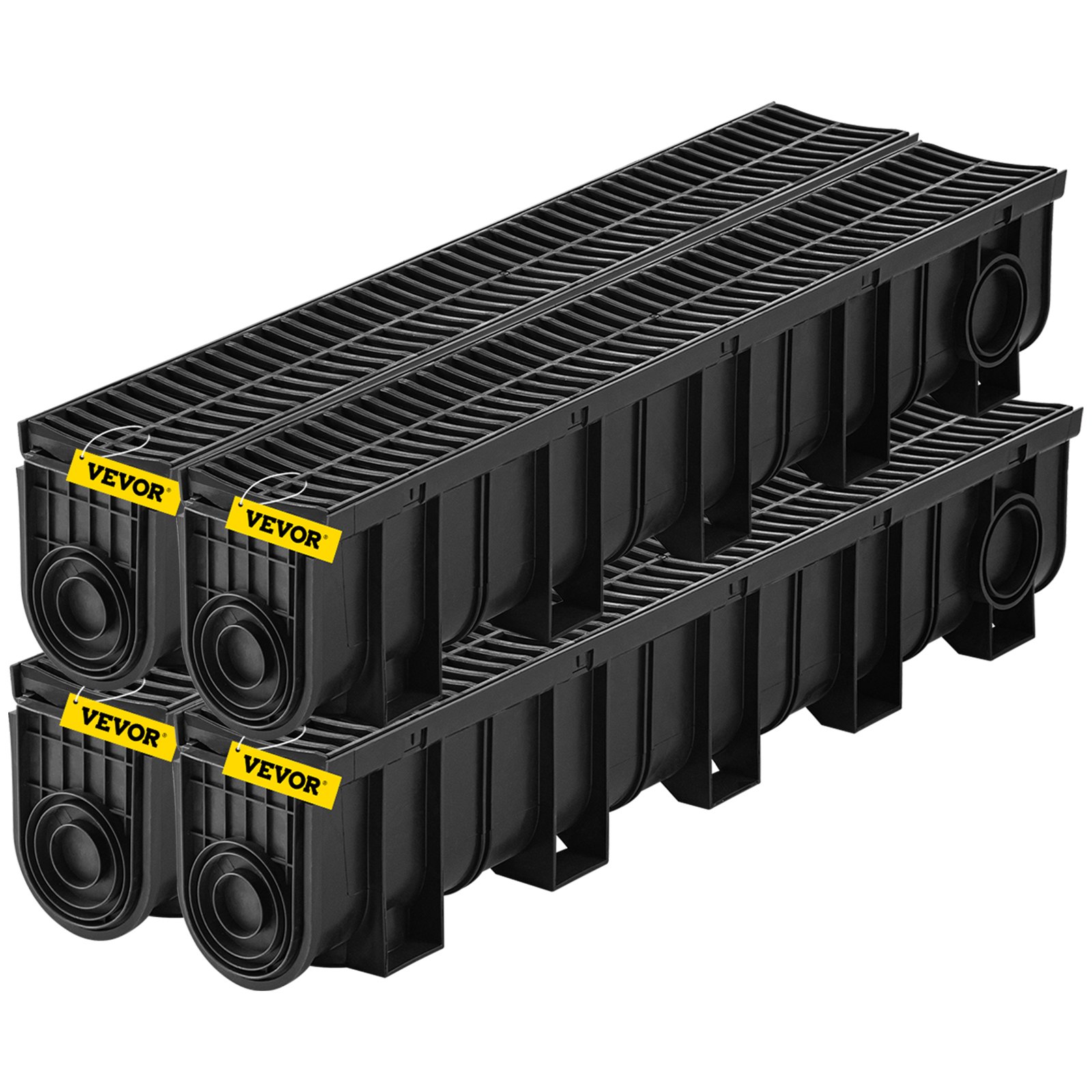 Sistema de drenaje de zanja HDPE, 5.9x7.5 pulgadas, rejilla plástica, 4 unidades, negro.