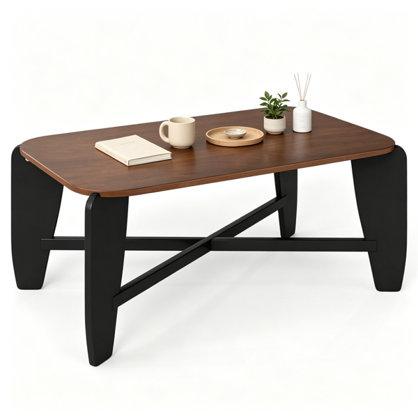 Mesa de centro rectangular moderna de madera, base cruzada, 132 libras, nogal