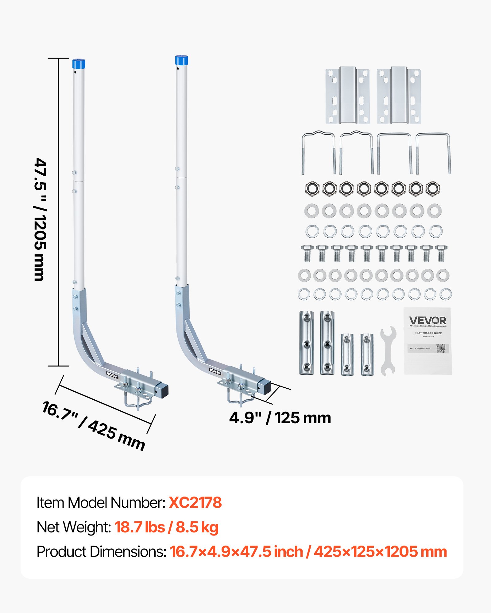 Guías para remolque de bote de acero, 30.5/47.5 pulgadas de alto, ajustables, 2 piezas