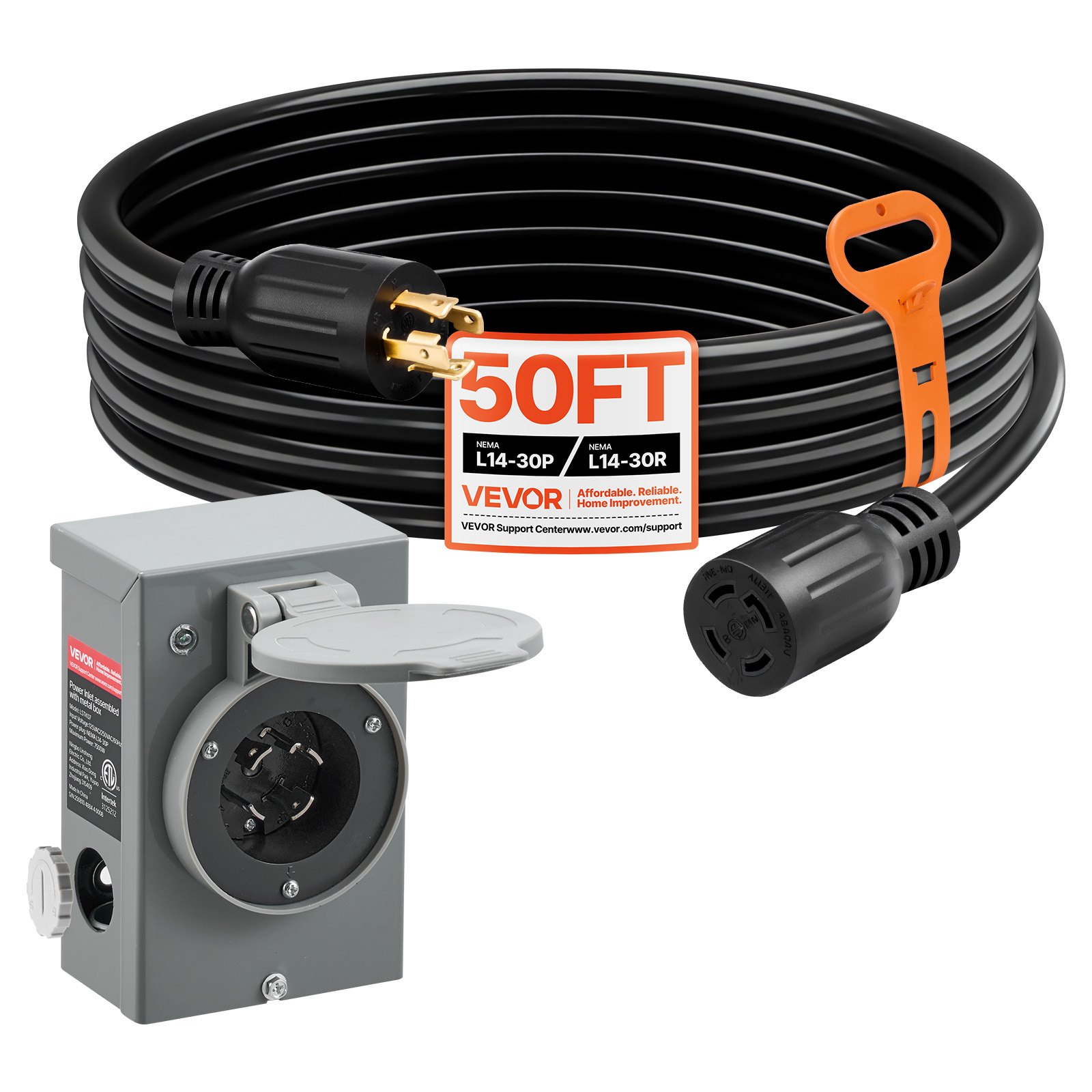 30 Amp Generator Cord And Power Inlet Box, 50 FT, 125/250V NEMA L14-30P To L14-30R Heavy Duty Extension Power Cord, SJTW 10 Gauge 7500W, Pre-Drilled Inlet Box, For Generator To House, ETL Listed