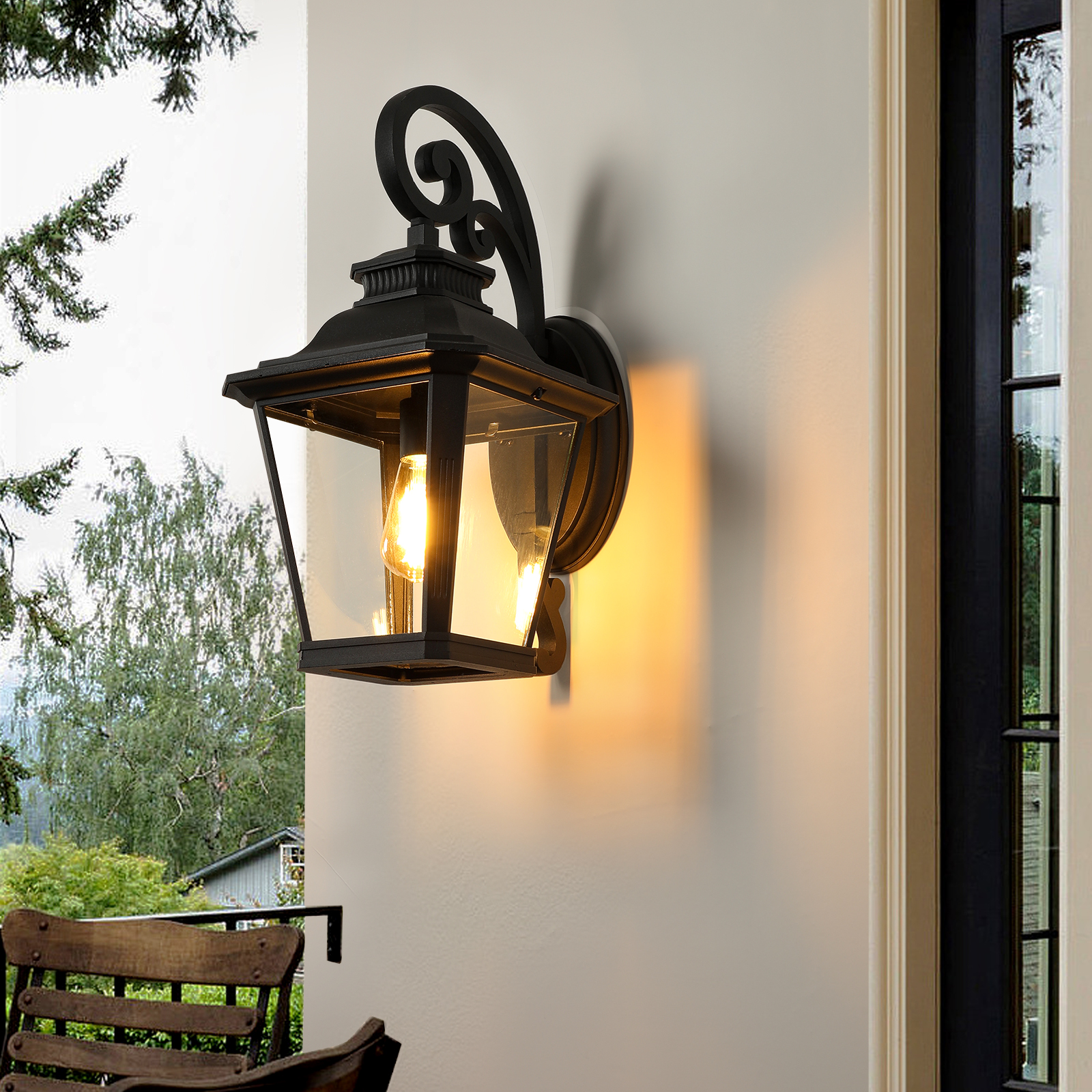 Farol de pared para exterior de 21 pulgadas, metal negro vintage y cristal