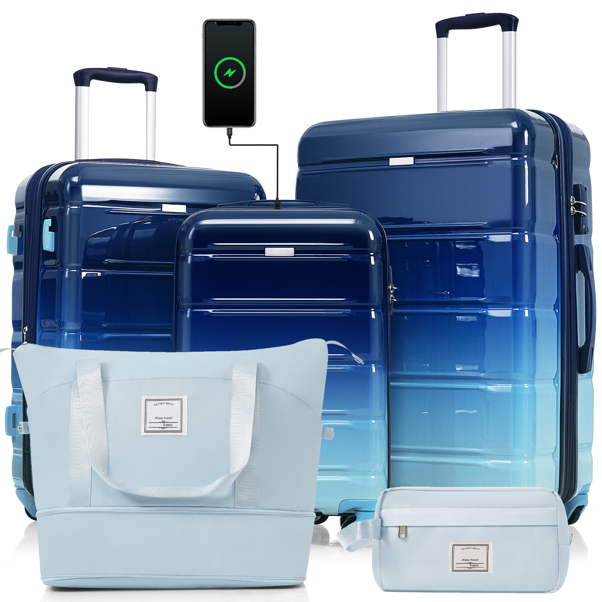 Set de equipaje de 5 piezas, 20 pulgadas, con puerto USB, rígido, ruedas giratorias, azul marino