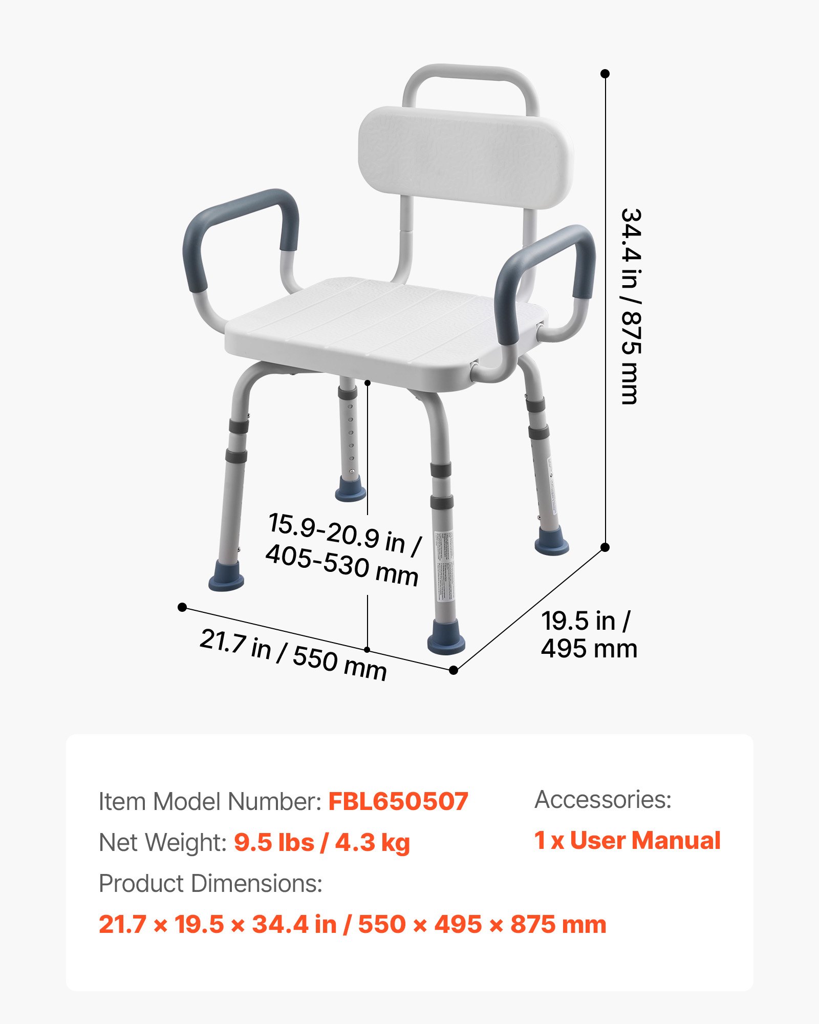 Silla de ducha giratoria con brazos y respaldo, 400 libras, ajustable en altura