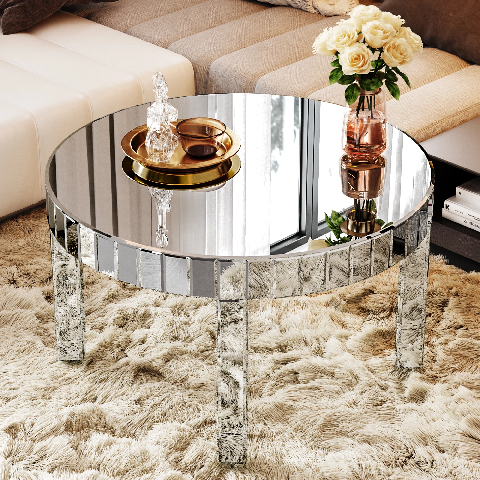 Mesa de centro redonda plateada con diseño de espejo estriado para sala de estar