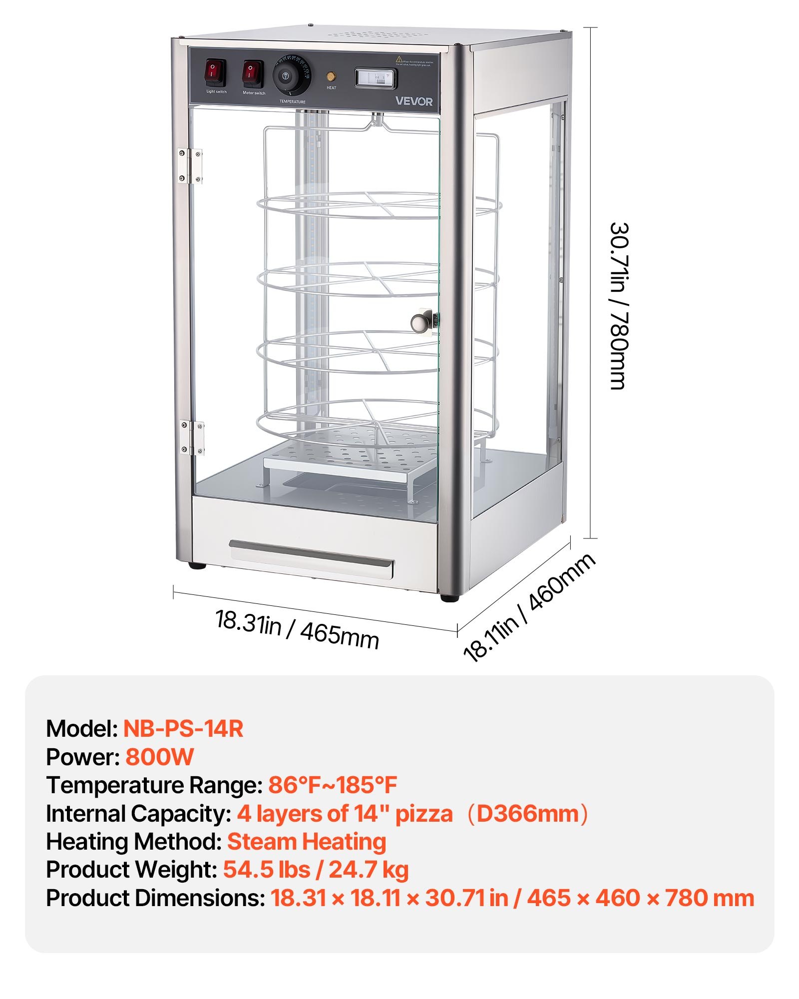 Calentador de alimentos comercial, 4 niveles, para pizza de 14 pulgadas, control de temp.