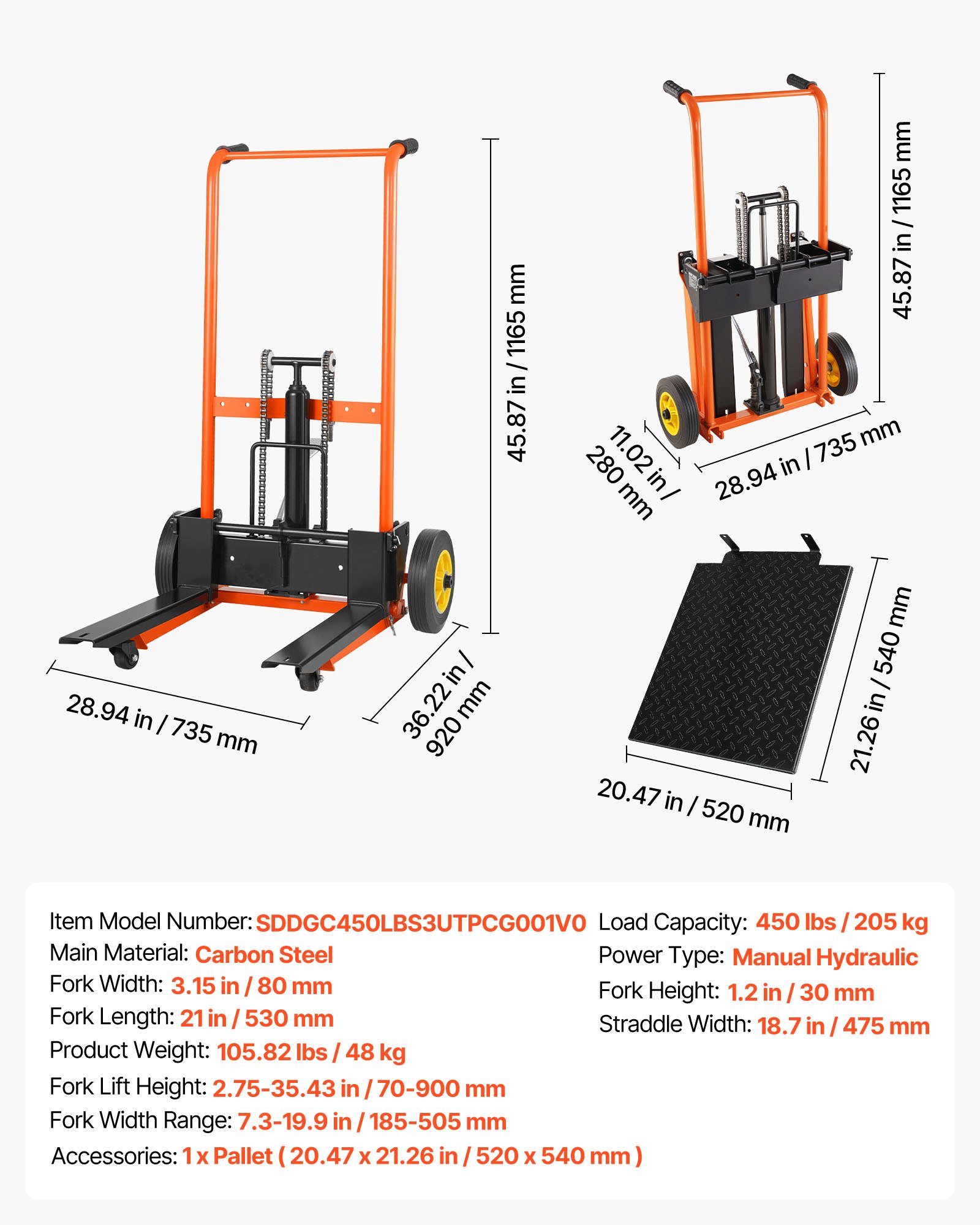 Apilador hidráulico de materiales, 204 kg, altura de elevación máx. 90 cm, plegable.