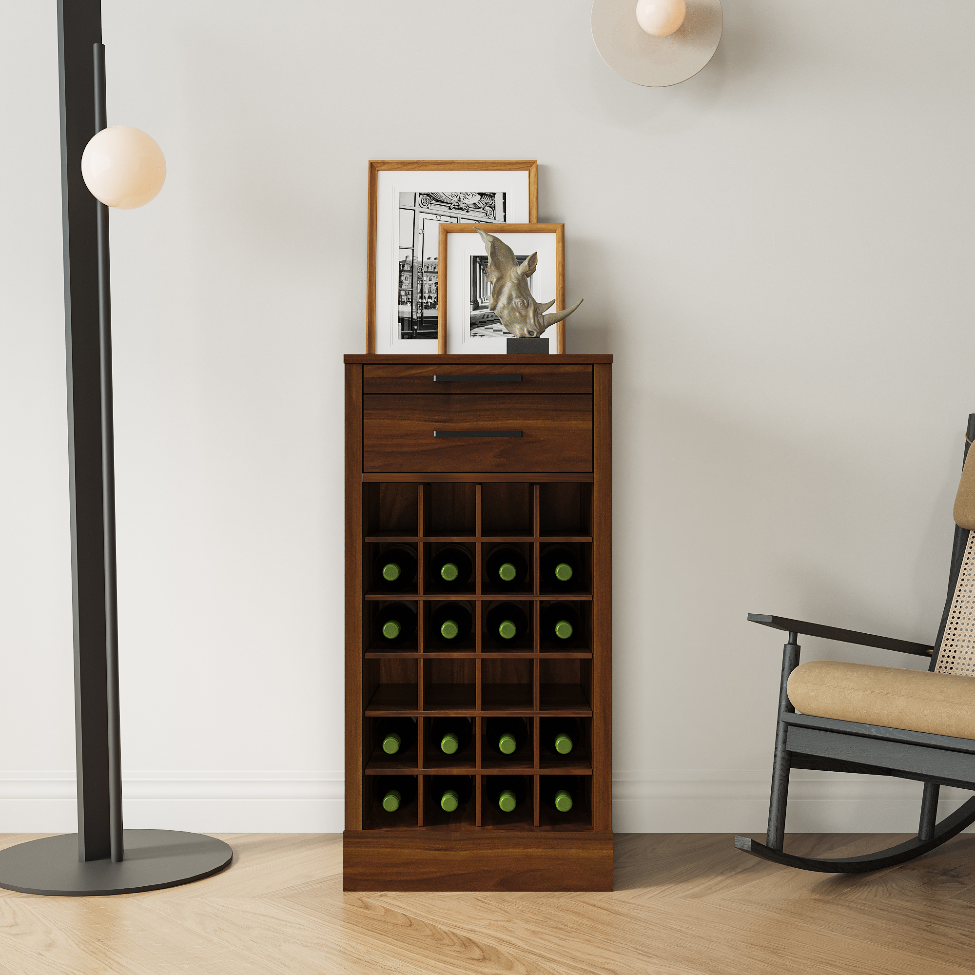 Brown Walnut Color Modular 24 Wine Bar Cabinet Buffet Cabinet