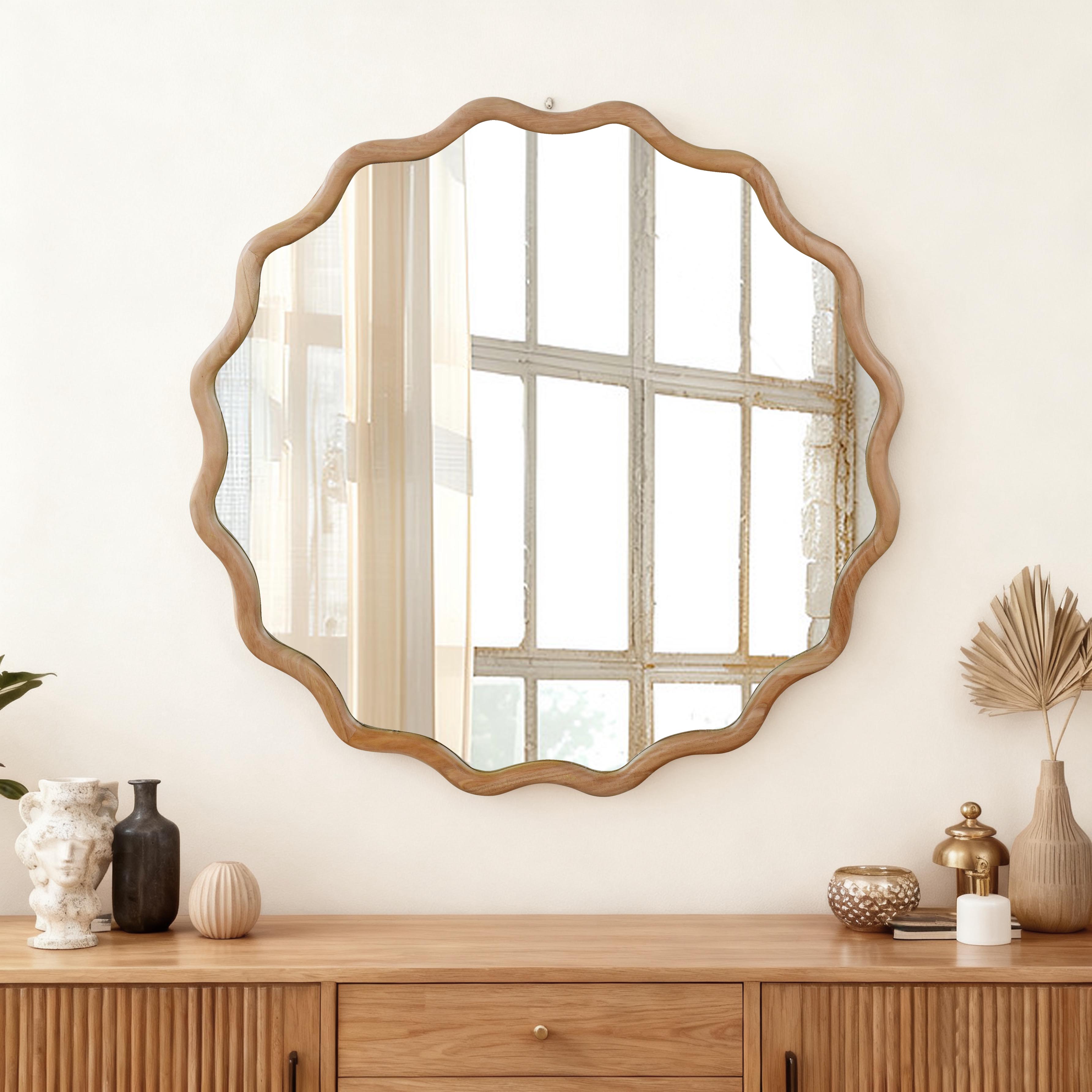 Natural Wood Color 30 Inch Wavy Round Solid Wood Frame Decorative Mirror,For Bedroom, Bathroom, Living Room, Entryway