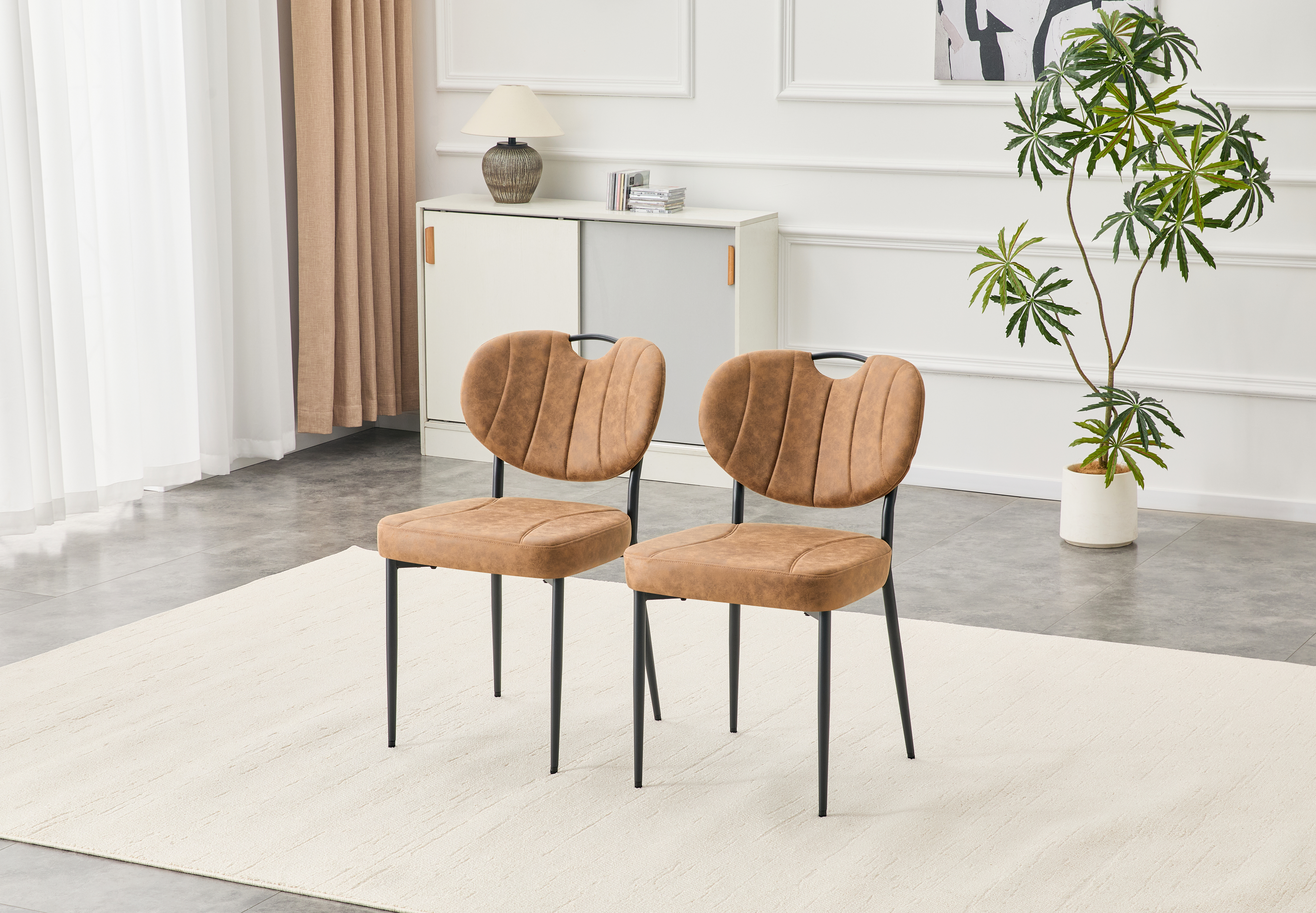 Sillas de Comedor Tapizadas (Juego de 2), Tela Comfort-Touch, Patas de Metal, Marrón Claro