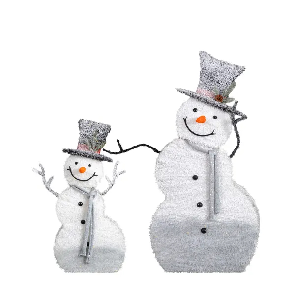 Set de 2 muñecos de nieve iluminados con sombrero de copa, 80 luces LED cálidas