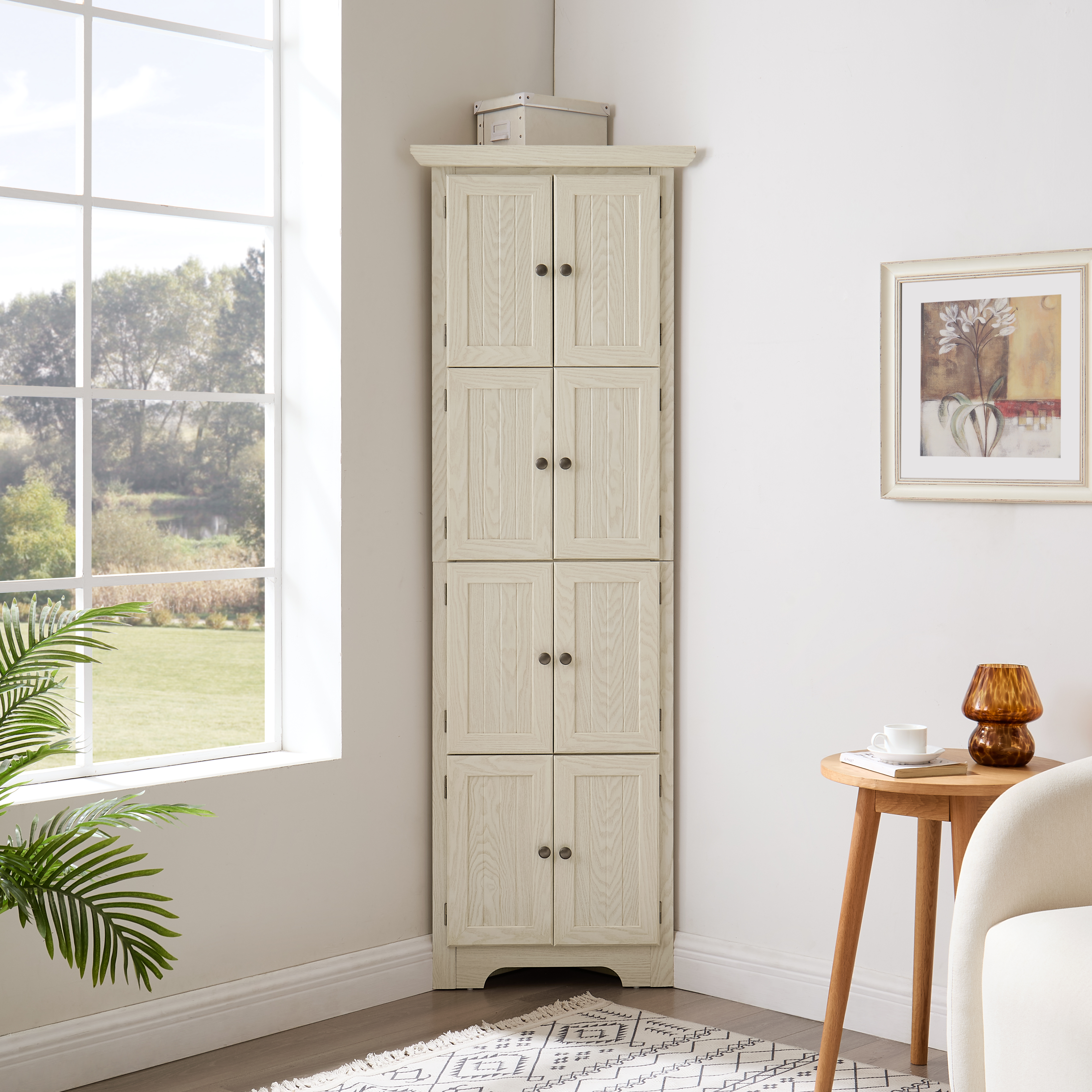 4-Tier 72 Corner Kitchen Pantry Storage Cabinet With 8 Doors Tall Storage Cabinet, Corner Cabinet And Shelves, Home Farmhouse Bookshelf Cabinet For Bathroom, Living Room, Kitchen WHI