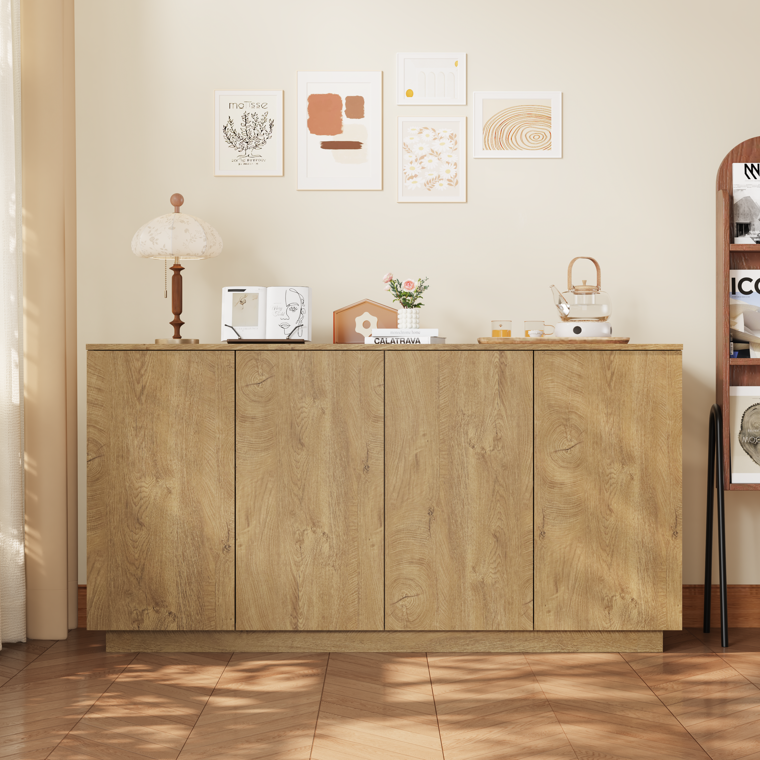 Buffet de madera natural, 59.1 pulgadas, 4 puertas y estantes ajustables