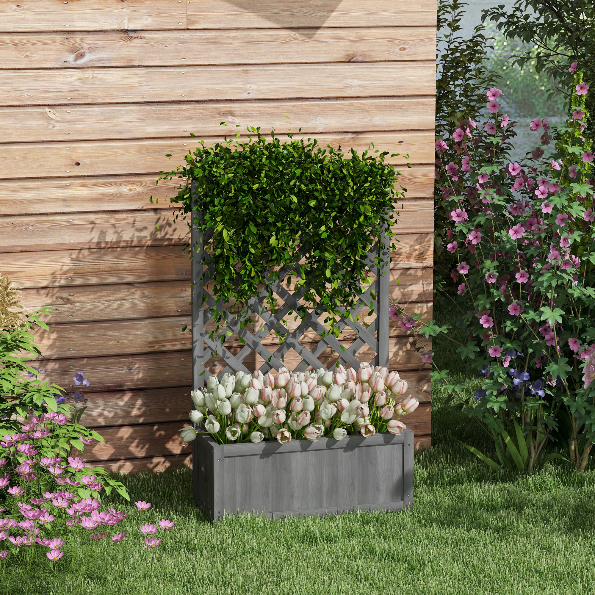 Macetero de madera de 46 pulgadas con enrejado, para vegetales, hierbas y flores, gris