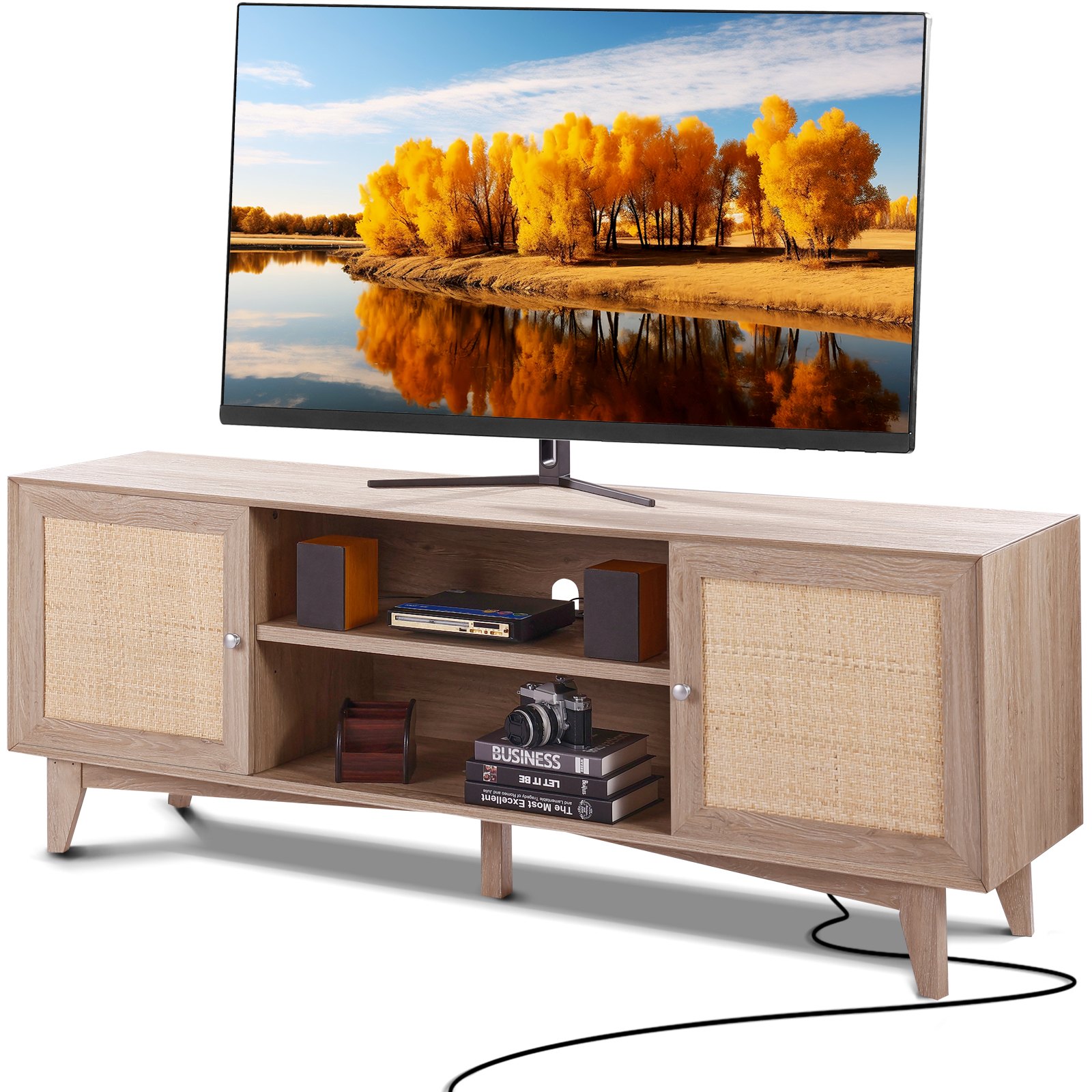 Mueble de TV de ratán moderno para TV de 75 pulgadas con tomas y puertos USB, roble