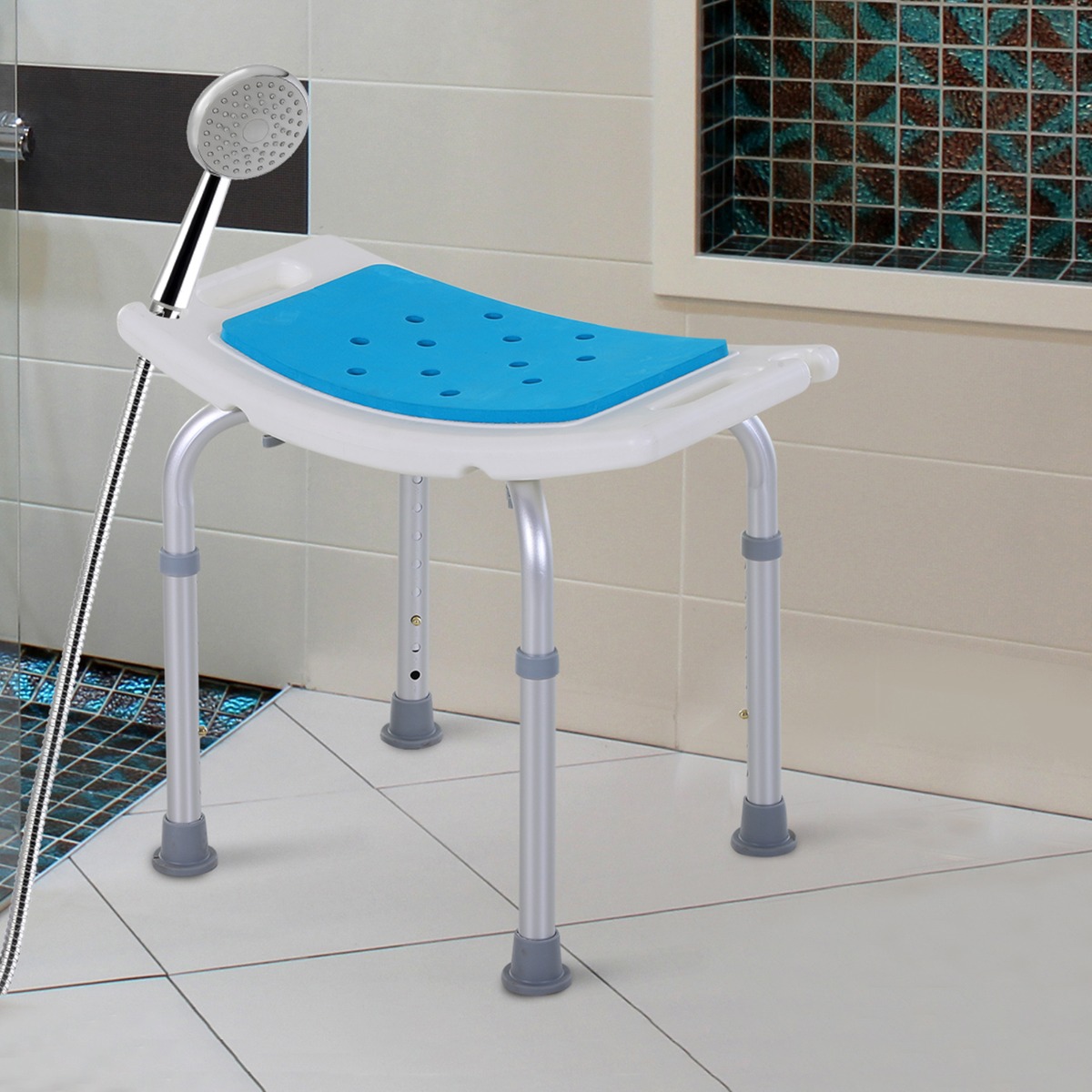 Taburete de baño ajustable de aluminio, silla de ducha antideslizante con orificio