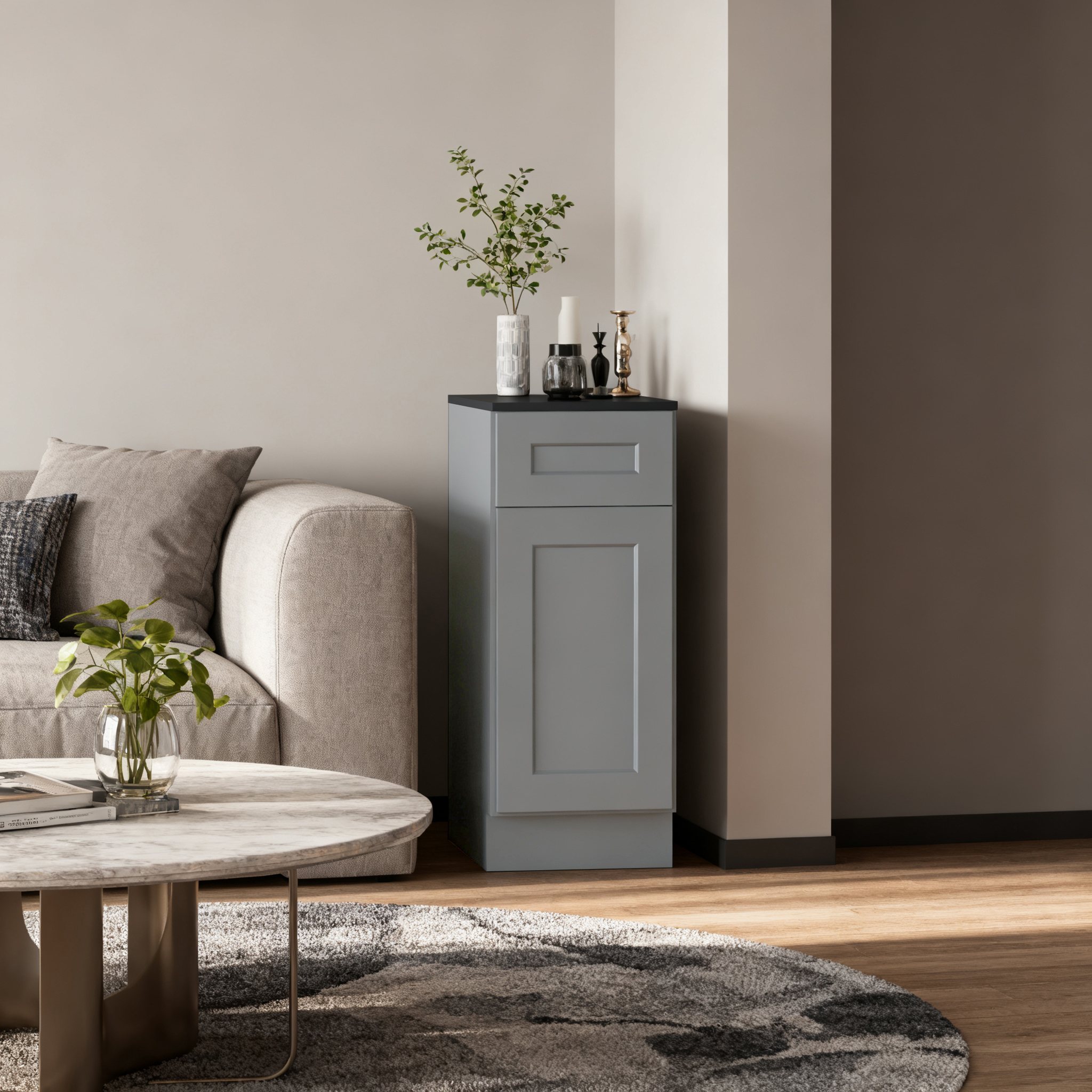 15  Gray Shaker Base Cabinet With Soft-Close Door,Drawer,Space-Saving Solid Wood Unit With Adjustable Shelf For Kitchen, Bath, Laundry, Garage  15 W X 24 D X 34.5 H