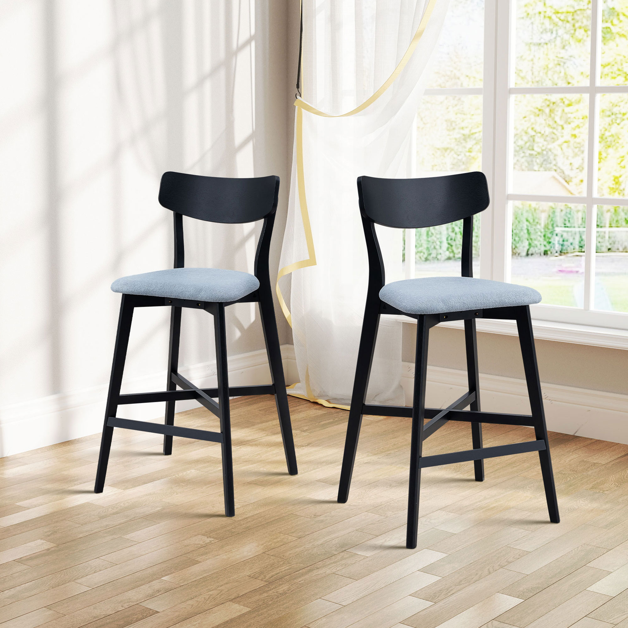 Wooden Bar Chairs Set Of 2, Modern Soft Upholstered Kitchen Island Chairs, Counter Height Stool With Backrest,Wooden Frame Chairs With Footrest For Pub,Living Room,Restaurant,Black