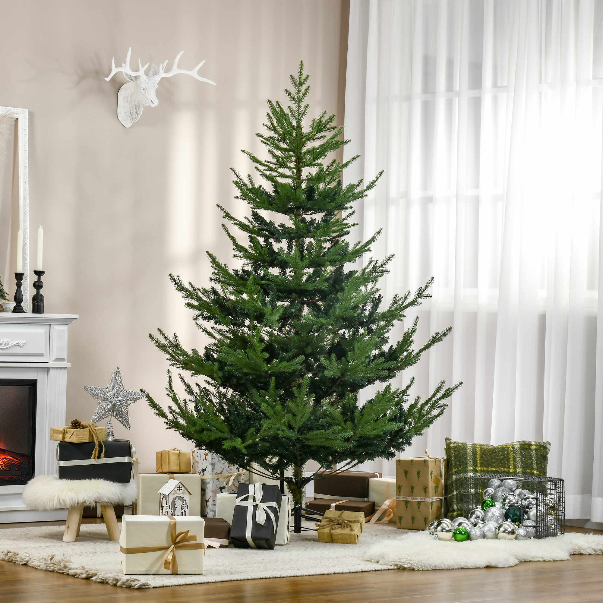 Árbol de Navidad artificial de 6 pies, pino nórdico, 795 ramas, base de acero, verde