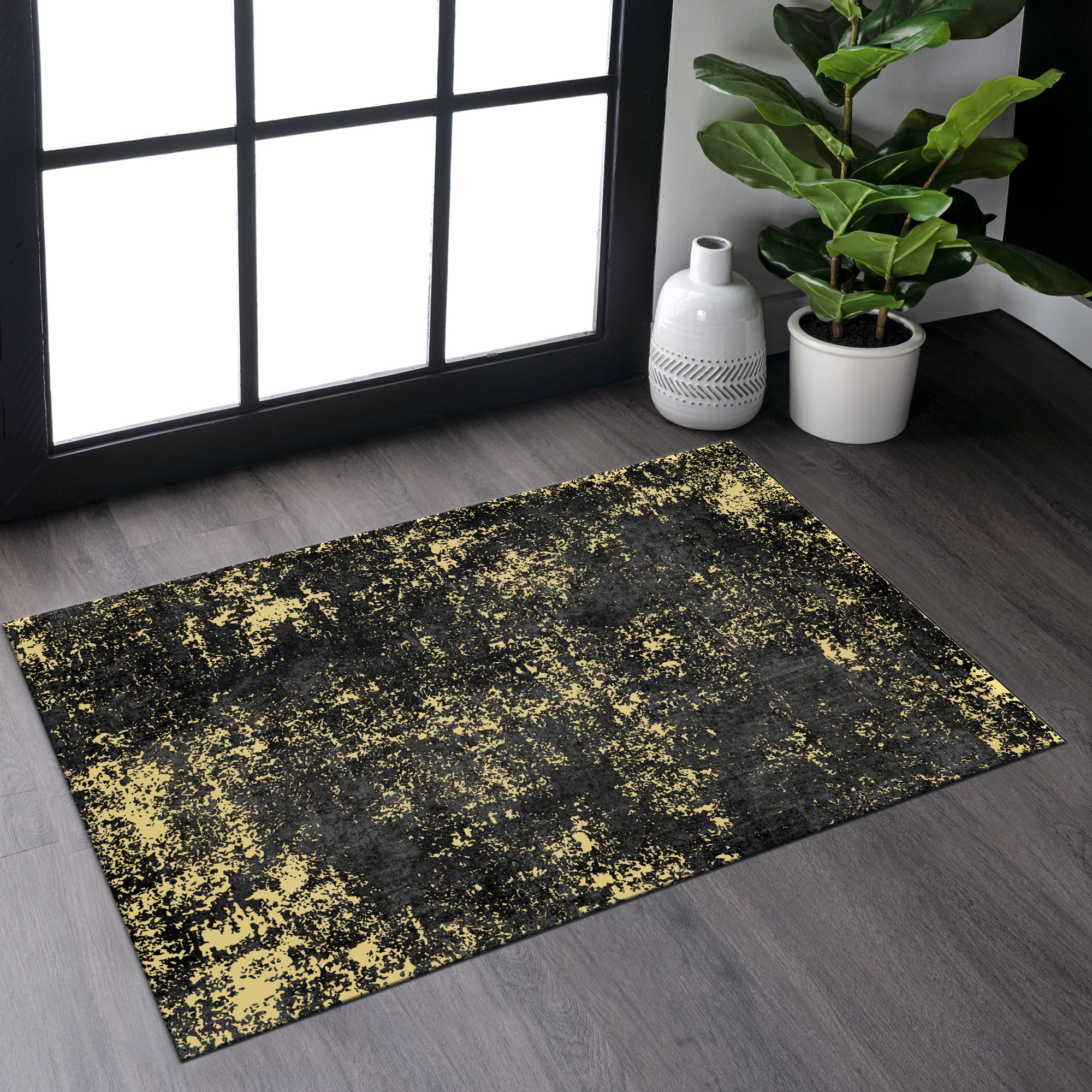 MAVAL Black Washable Rug 2' X 3' Doormat Rug  Black Gold, 2' X 3'